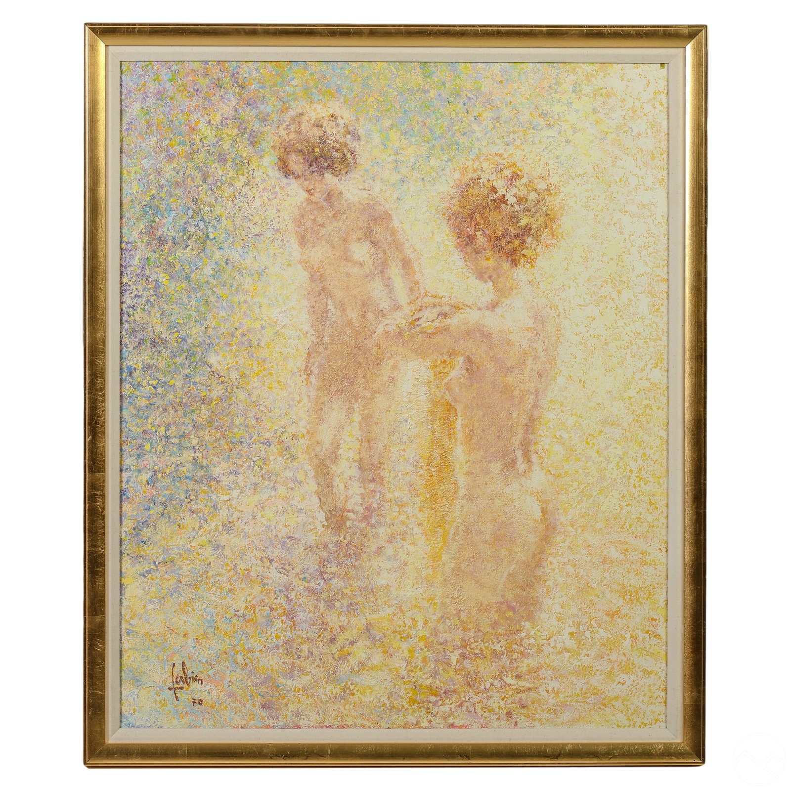Louis Fabien 1924-2016 Nude Pointillist Painting: Louis Fabien (Fabien Louis Pouilloux) (French, 1924-2016). An original vintage oil painting on canvas. A figural group painted in a heavy palette in the impressionist style, depicting a pair of nude f