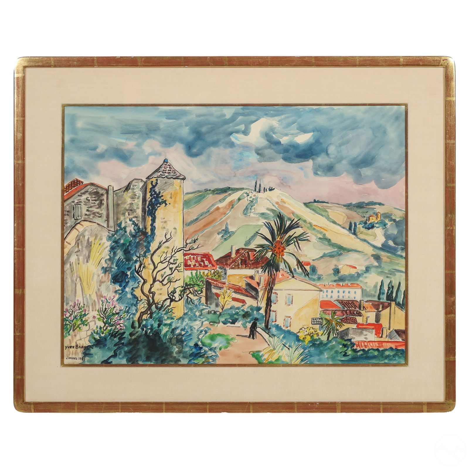 Yves Brayer 1907-1990 French Landscape Painting: Yves Brayer (French, 1907-1990). A vintage watercolor painting on paper. Titled, "Paysage Au Pigonnier, Cordes" ("Pigeon Coop Landscape, Cordes"), produced circa 1983. A colorful southern French Occit