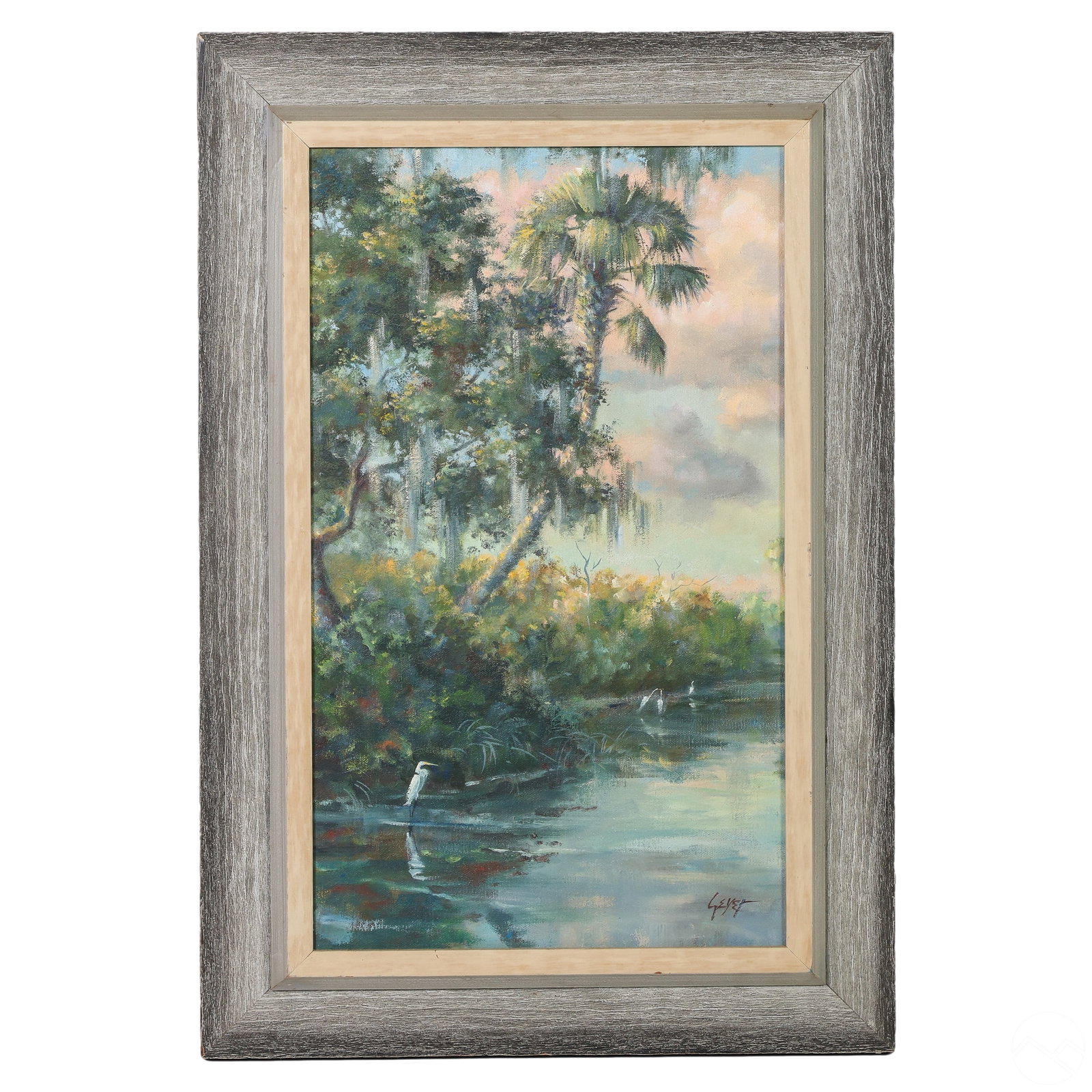 Lynda Geyer b.1945 Wetlands Landscape Oil Painting: Lynda Geyer (American, born 1945). An original oil painting on canvas. A Florida wetlands landscape, painted in the style of the 20th Century Indian River School and its founder, Albert (Beanie) Backu
