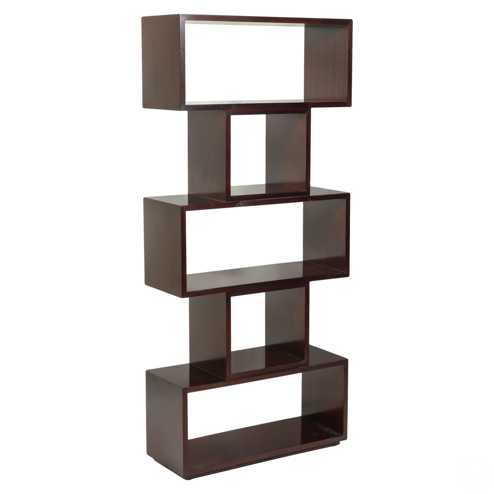 Baker Thomas Pheasant Encore Etagere Bookshelf: A designer Baker "Encore" etagere from the Thomas Pheasant collection. Crafted from dark satin finish mahogany in a modernist one part form, featuring four open receptacles and finished on all sides.