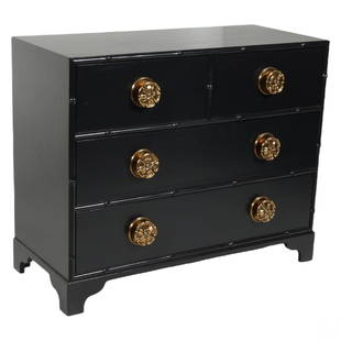 Kindel Dorothy Draper Design Black Pinwheel Chest: Designer Pinwheel chest by Dorothy Draper for Kindel Furniture Company. This four-drawer chest showcases a black-finished wood construction in the Chinese Chippendale style. Each drawer is accentuated