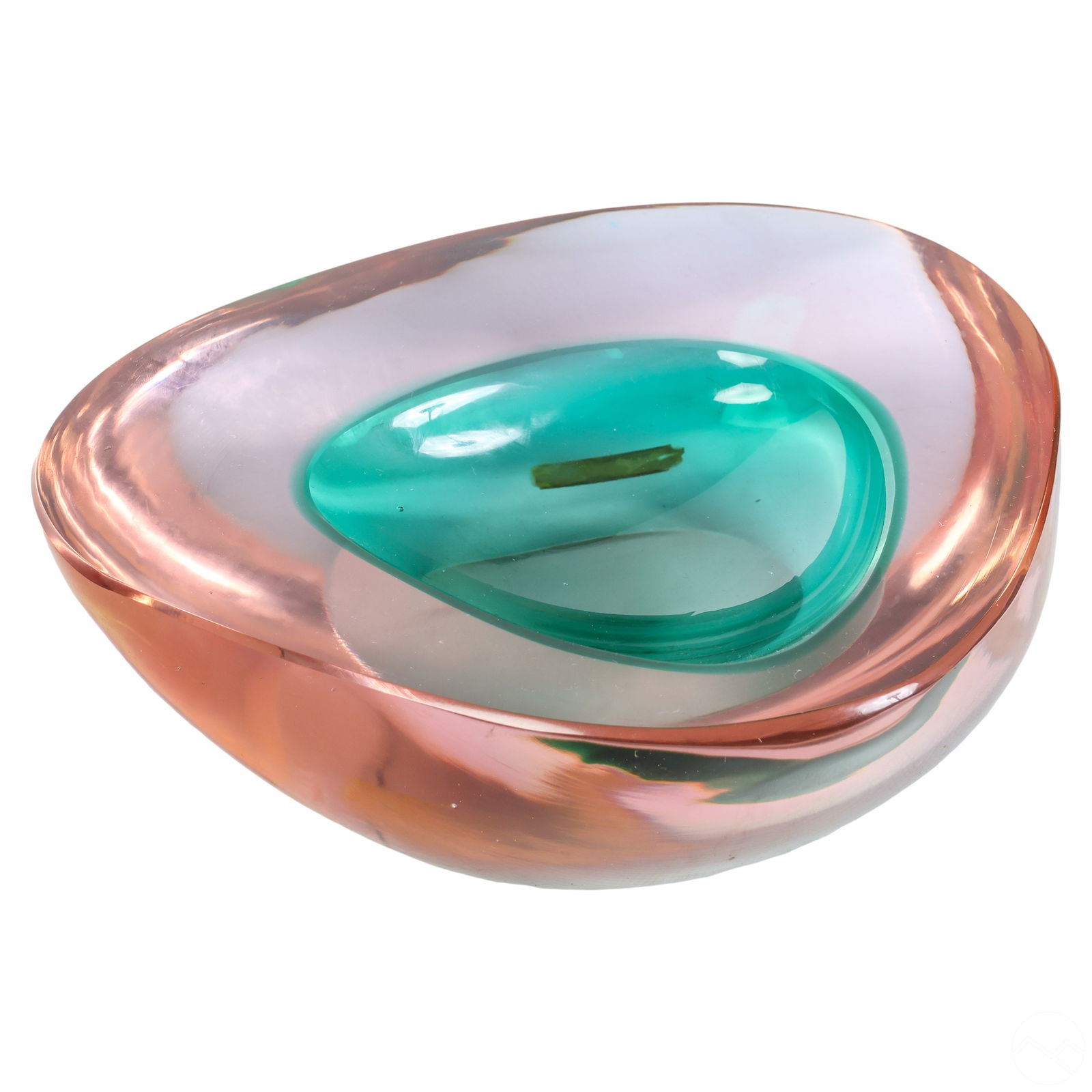 Murano Italian Flavio Poli Sommerso Art Glass Bowl: A mid-century modern Italian Sommerso submerged art glass bowl attributed to Flavio Poli. Clear glass body with a teal blue/green center, molded in a distinctive form. No apparent makers mark, therefo