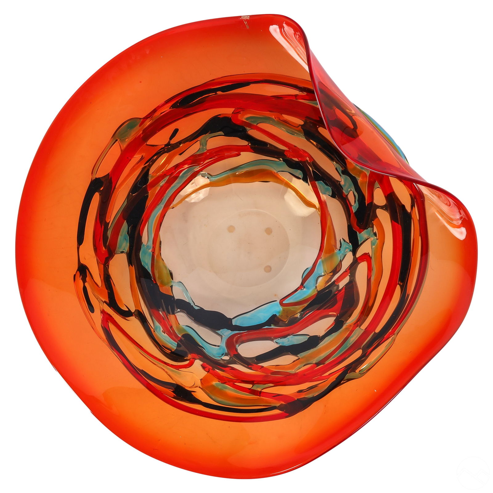 20C Murano Sergio Costantini Art Glass Center Bowl: A Murano Venetian studio art glass centerpiece bowl by Sergio Costantini (born 1956). A Postmodern design featuring an oversized abstract red to orange glass body with handkerchief style design featur