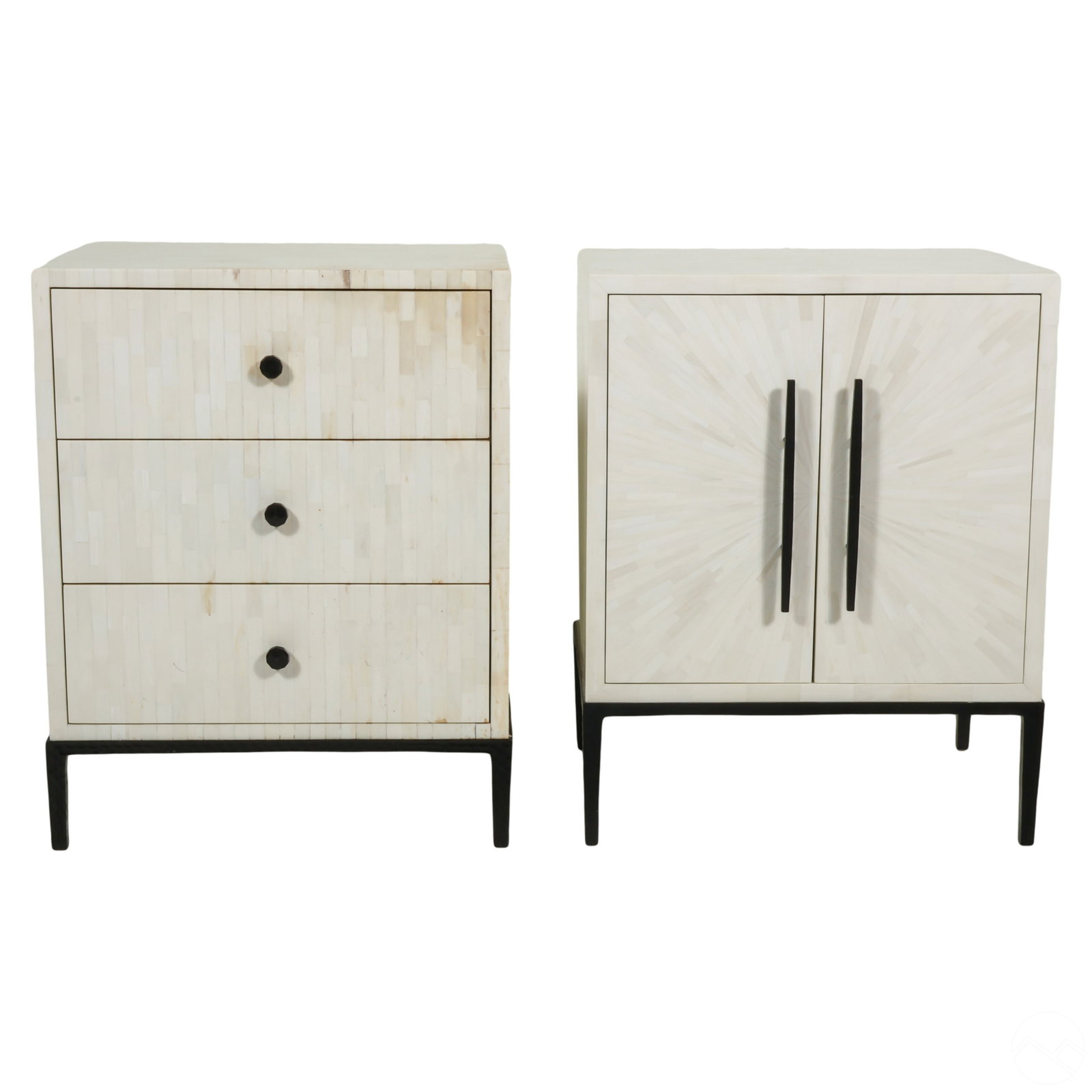 IRONIES White Tessellated Side Table Night Stands: A set of two IRONIES designer tessellated bone bed nightstands or side tables in an Italian Modern style. These tables boast a rectangular form adorned with creamy tessellated carved patterns reminisc