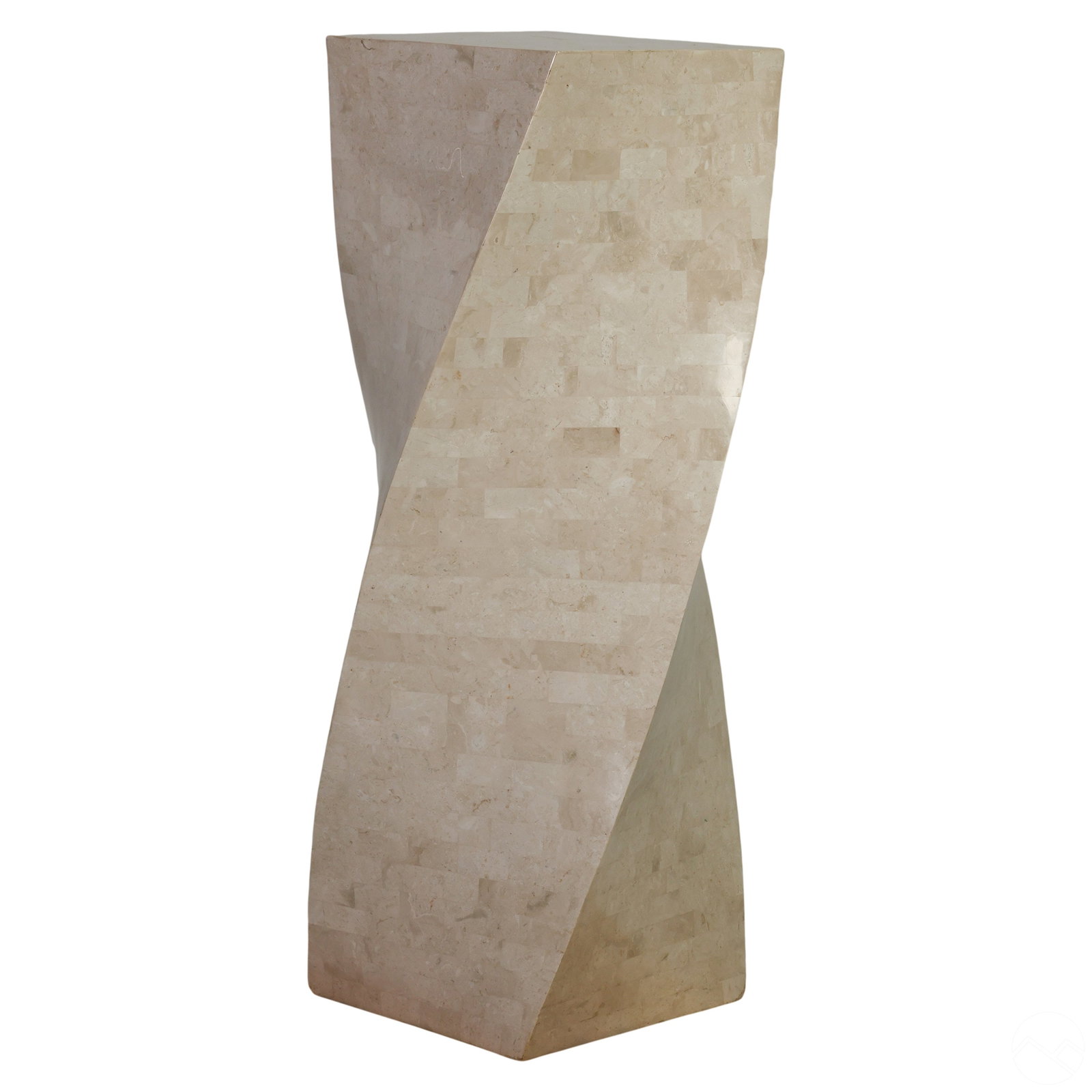 Maitland Smith Tessellated Twisting Pedestal Stand: A vintage designer tessellated pedestal stand produced by Maitland Smith. An elegant decorative piece featuring a rectangular body decorated with creamy tessellated carved patterns and produced in a m