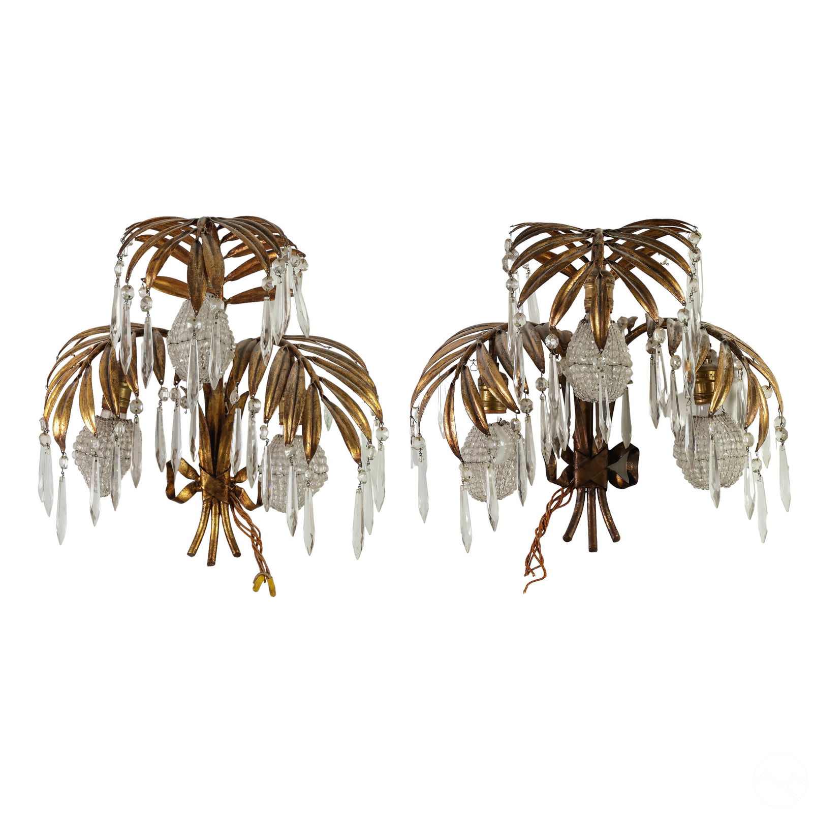 Italian Pair Gilt Palm Frond Crystal Wall Sconces (1 of 13)
