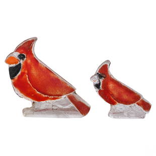 Marlene Rose b.1967 Glass Cardinal Bird Sculptures: Marlene Rose (American, born 1967). A two (2) piece estate lot of studio art glass figurines. Abstract wildlife works depicting red cardinals or similar birds in sand cast art glass. Artist signed and