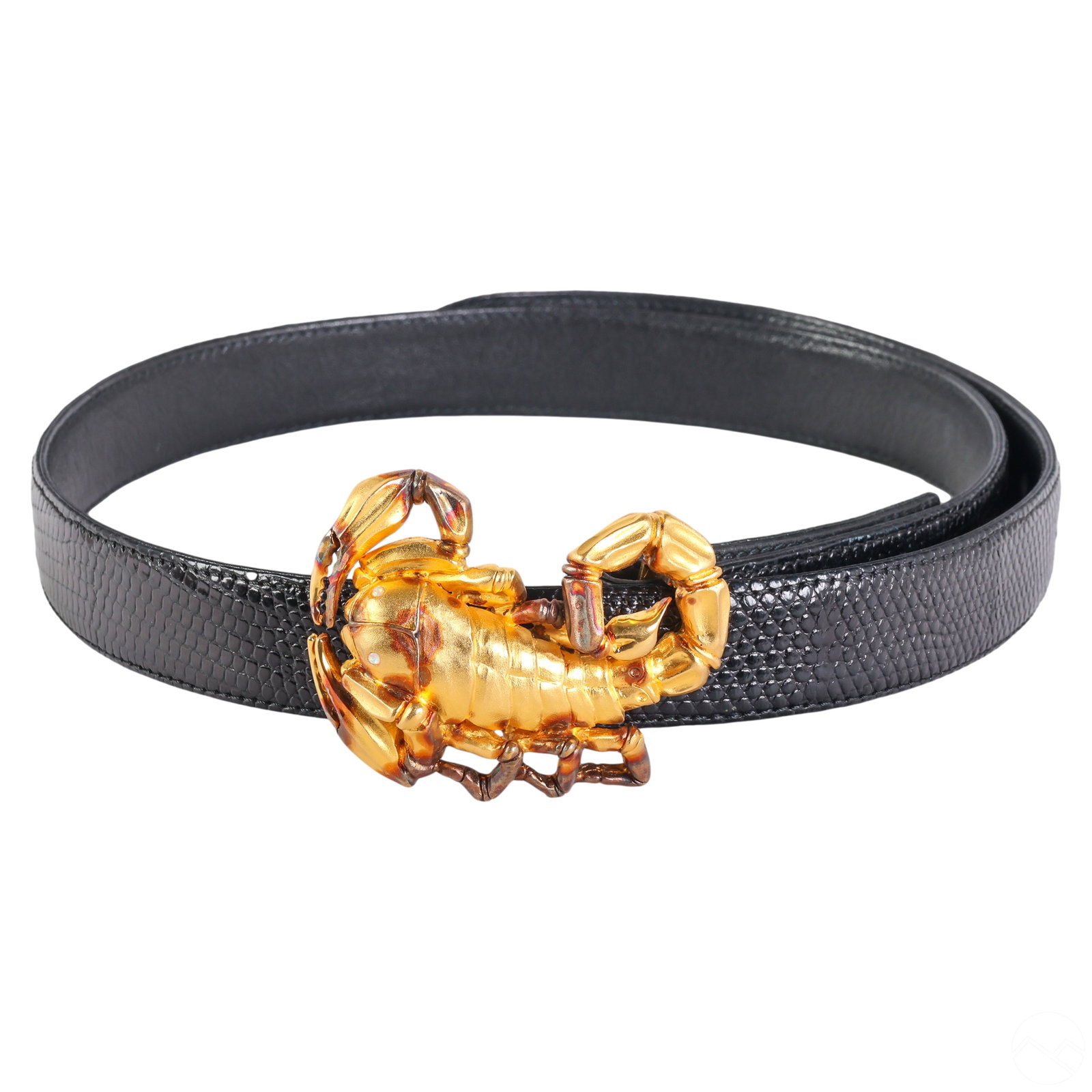 Lana London Sterling Silver Scorpion Belt Buckle: Lana of London sterling silver belt buckle. Features the image of a scorpion with gilt decor. Scorpion posed in curled position with moonstone eyes. Attached to 34" x 1" x .10" lizard skin black belt.