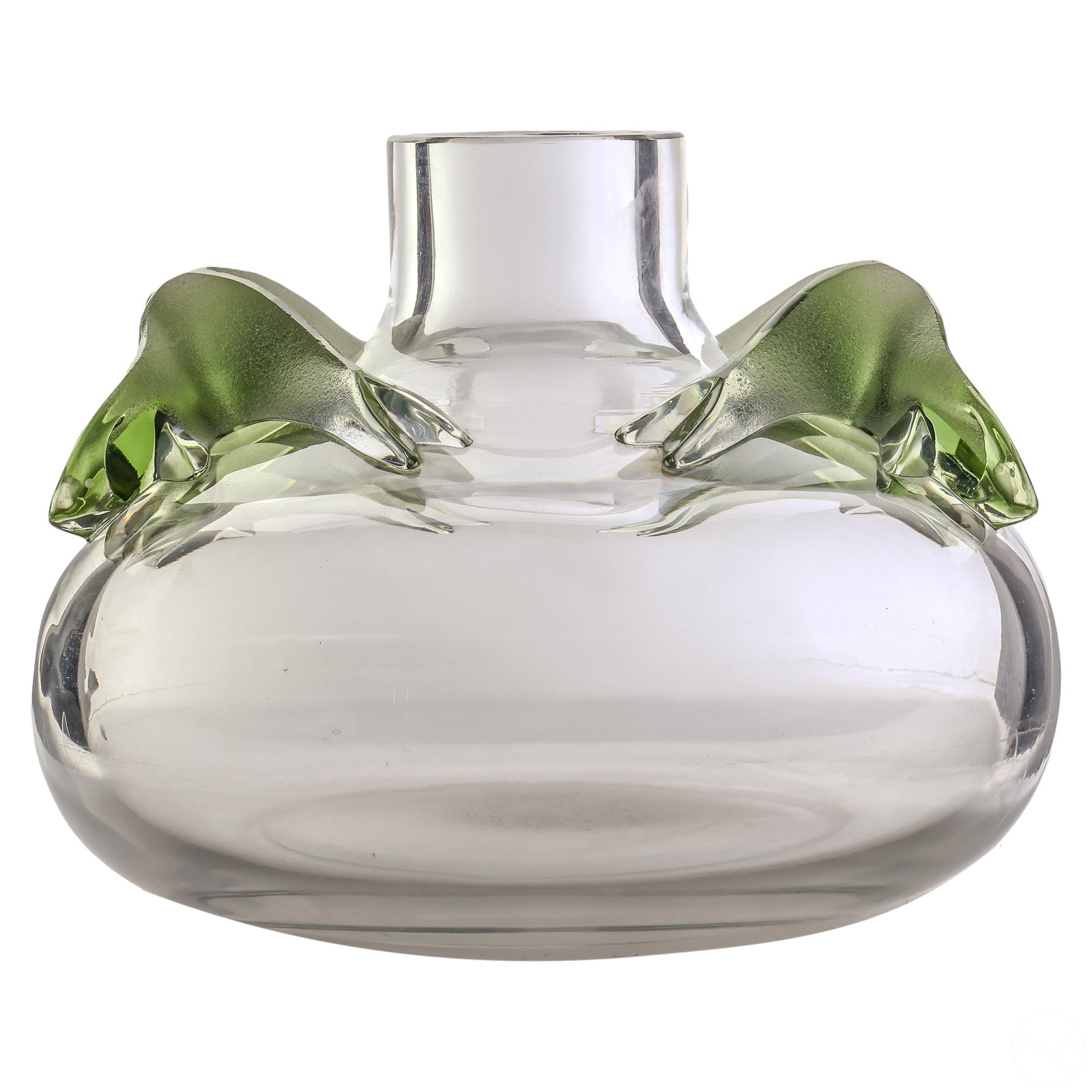 Lalique French Art Glass Crystal Green Saghir Vase: A Lalique French crystal vase in the "Saghir" design. A thick bulbous glass vessel form adorned with a stunning opaque green satin glass sea forms on each side. Incised signature LALIQUE FRANCE to und