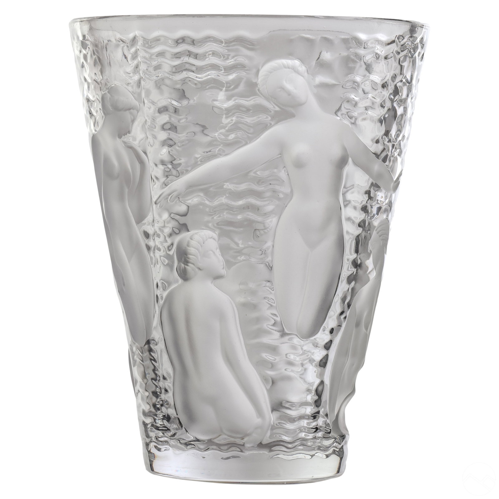 Lalique French Ondines Nude Water Nymphs 9.5" Vase: A Lalique French crystal art glass vase in the Ondines pattern, showcasing exquisite female nude water nymphs. Masterfully crafted in clear and frosted crystal, it bears the signature "Lalique France"