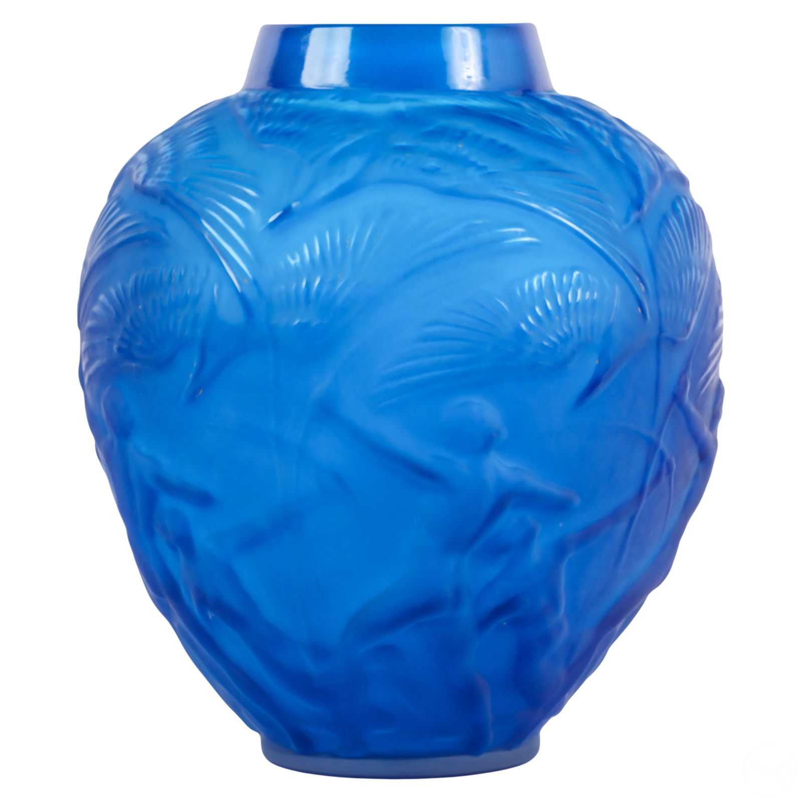 Blue Glass Nude Archers & Crane Vase after Lalique: A French style molded glass vase after the Lalique "Archers" vase. A deep cobalt blue frosted glass with relief decoration of nude men with bow and arrows along the bottom and large crane birds in fli