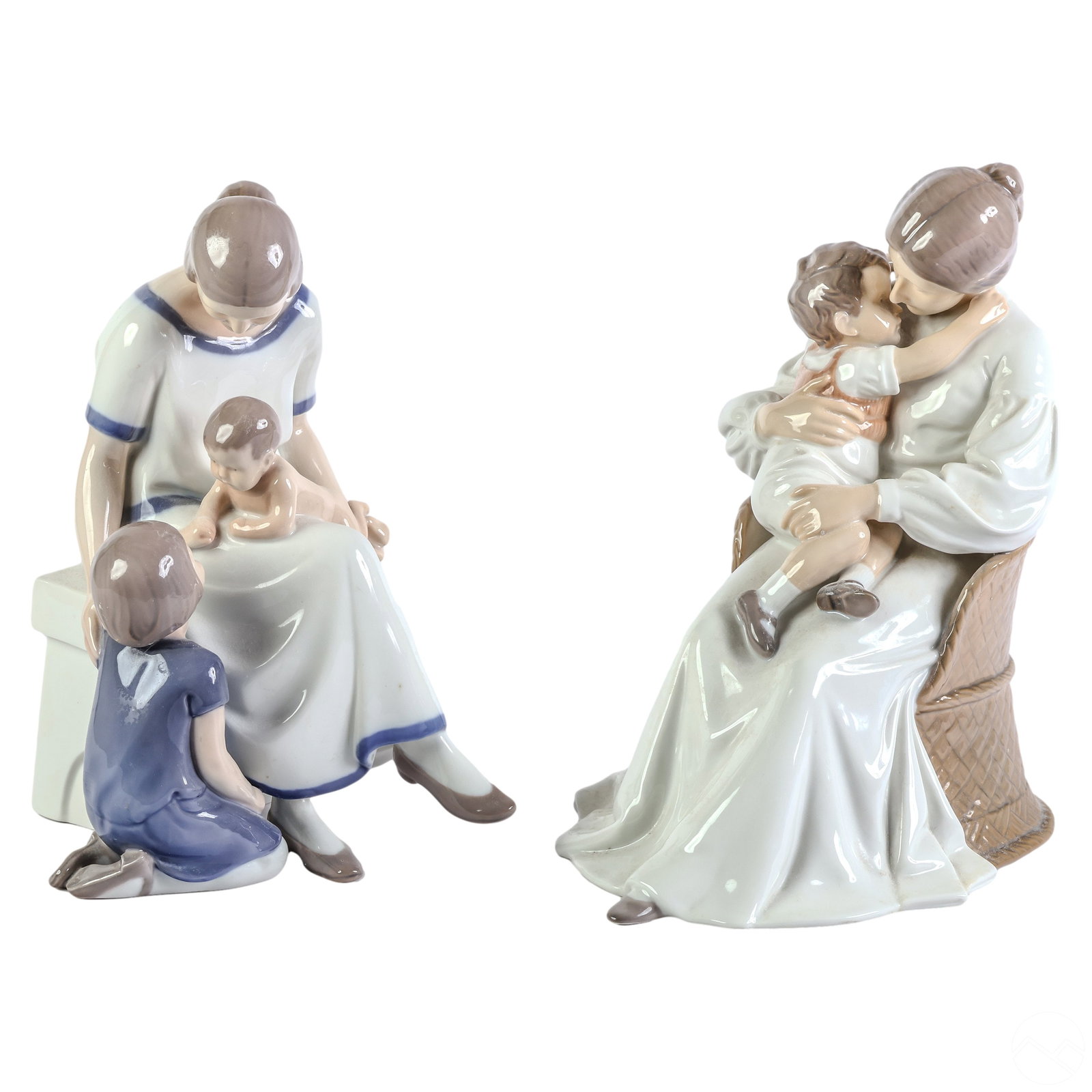 Bing & Grondahl Danish Porcelain Figurines 2pc LOT: An estate lot with two (2) Bing & Grondahl Danish glazed porcelain sculptures. Includes: one (1) figural group titled "Mother and Child," model number 1552, by artist Ingeborg Plockross-Irminger (1872