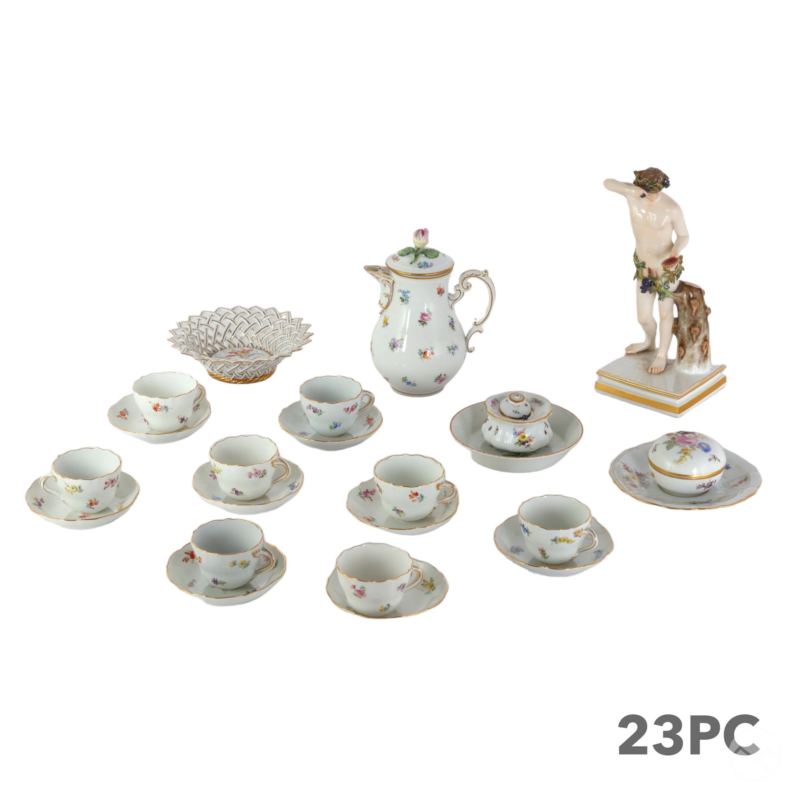 Meissen German Porcelain Service & Statue 23pc LOT: A 23 piece estate collection of antique Meissen German porcelain table servers and figurine. Includes: eight (8) teacups (2" x 3" x 2.5"); eight (8) matching saucer underplates (.75" x 4" x 4"); one (