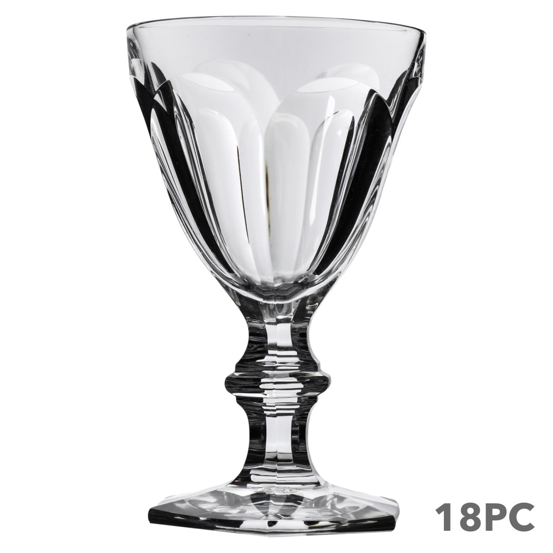 Baccarat French Crystal Harcourt Wine Goblets SET: An 18 piece set of Baccarat French crystal stemware claret wine goblets in the Harcourt Versailles pattern. Each with BACCARAT mark to underside. Dimensions: 5.25 X 3.25 X 3.25 in. Condition: Good