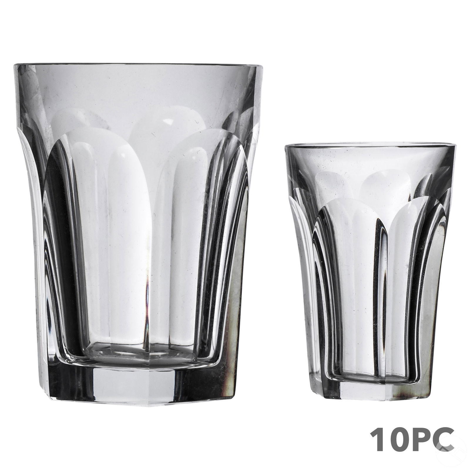 Baccarat Crystal Harcourt Barware Glasses 10pc SET: A set of 10 Baccarat French crystal barware glasses produced in the Harcourt Versailles pattern. Includes: six (6) five ounce (5 oz.) flat tumblers (3.5" x 2.5" 2.5"); and four (4) shot glasses (2.5"