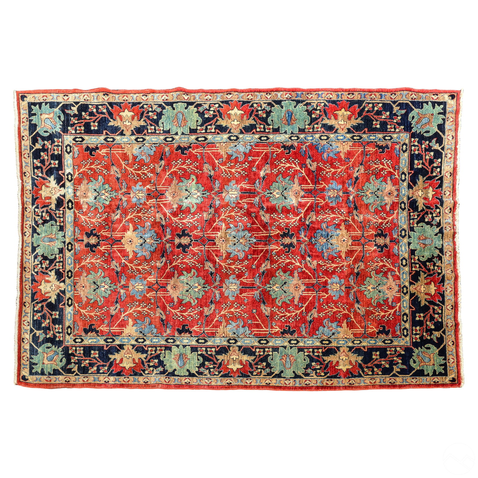 Orientalist Persian Hand Knotted Area Rug Carpet: A handwoven Turkish or Persian style Oriental area floor rug. Rich burgundy wine orange red ground decorated with a profusion of colorful botanical and arabesque style patterns in blue, tan, gold, gre