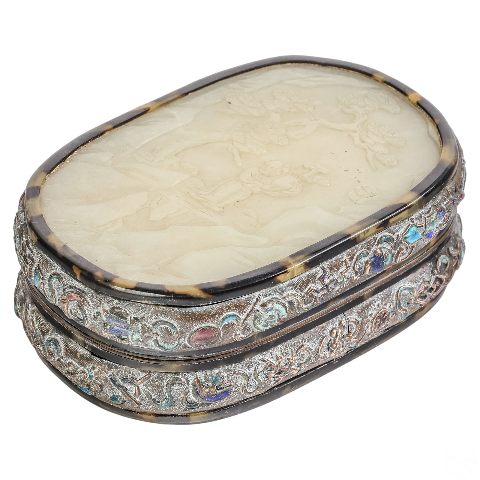 Chinese Antique White Jade w/ Cloisonne Lidded Box (1 of 9)