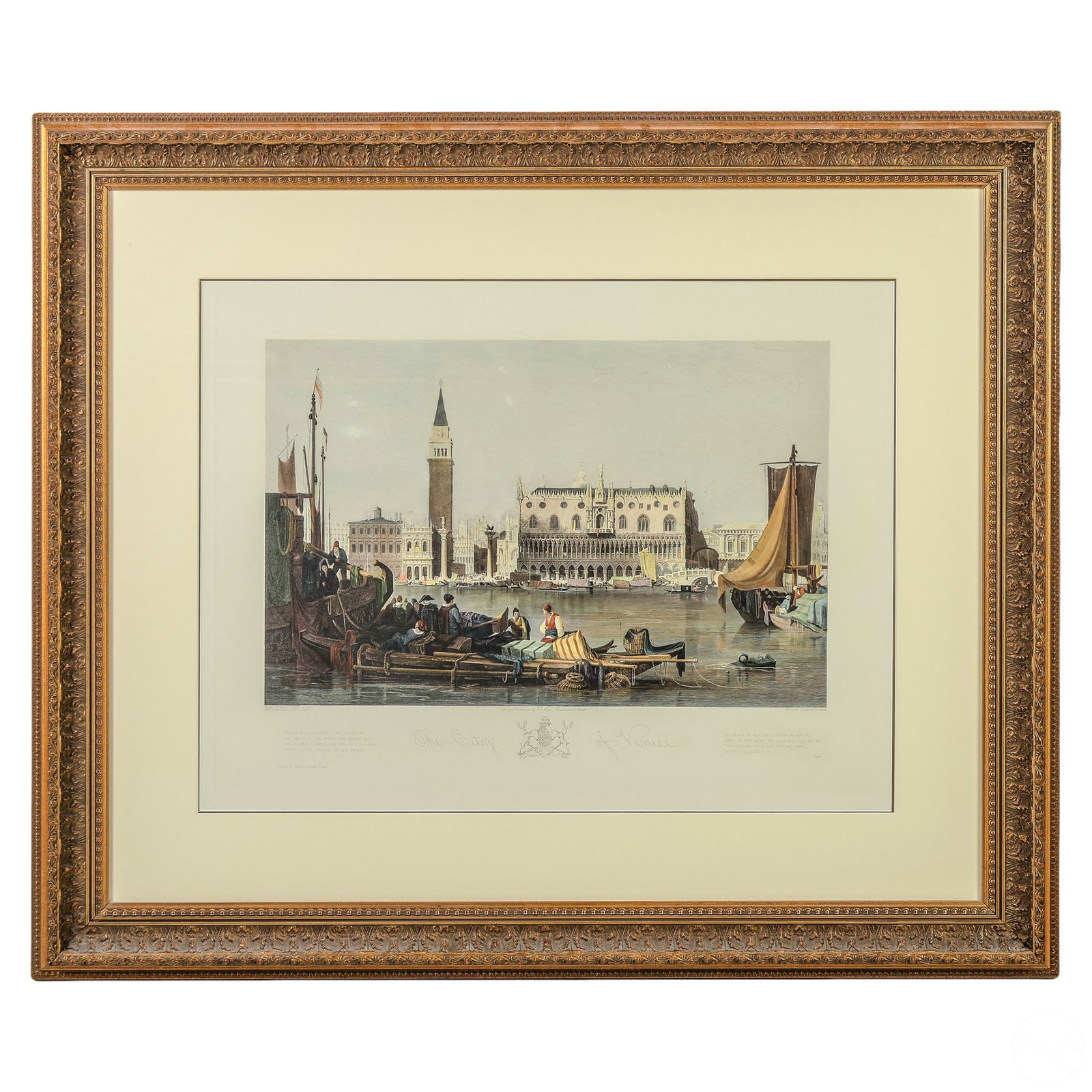 The City of Venice Engraving after Samuel Prout: A colored etching print on paper titled "City of Venice". Depicting a Venice Italy scene with water canals bustling with fisherman, sailboats, and classic Italian architecture. Title of work at lower
