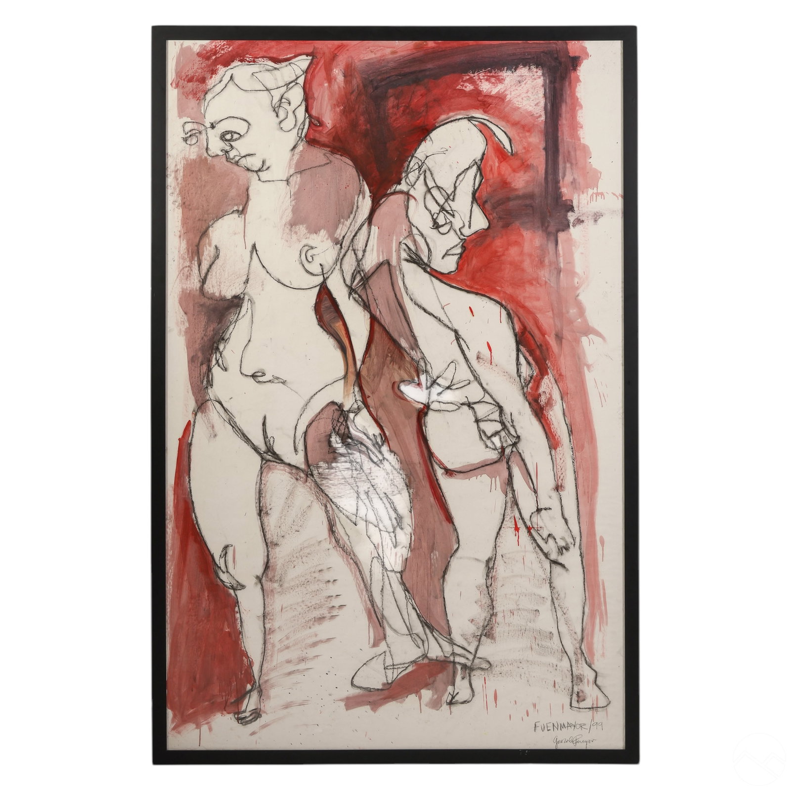 Gonzalo Fuenmayor b.1977 Abstract Figural Painting: Gonzalo Fuenmayor (Colombian, born 1977) an original mixed media painting on paper. Charcoal, ink, and watercolor paint in colors of red and black over a white ground. A modernist work portraying two 