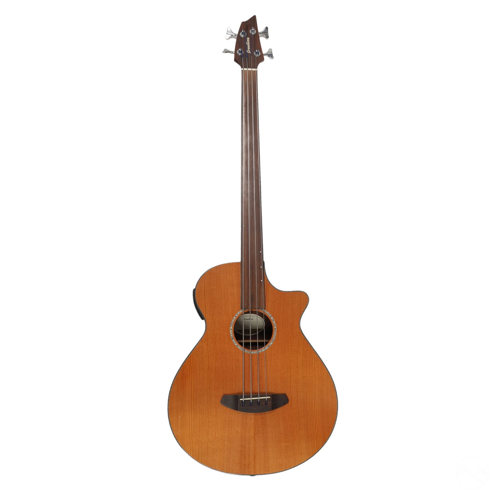 Breedlove Solo FL Acoustic Electric Base Guitar: The Breedlove acoustic-electric Solo Bass Guitar features exotic wood and mother-of-pearl inlay. Only 2000 guitars of various styles are produced each year. It includes the electric "Stage Pro Element