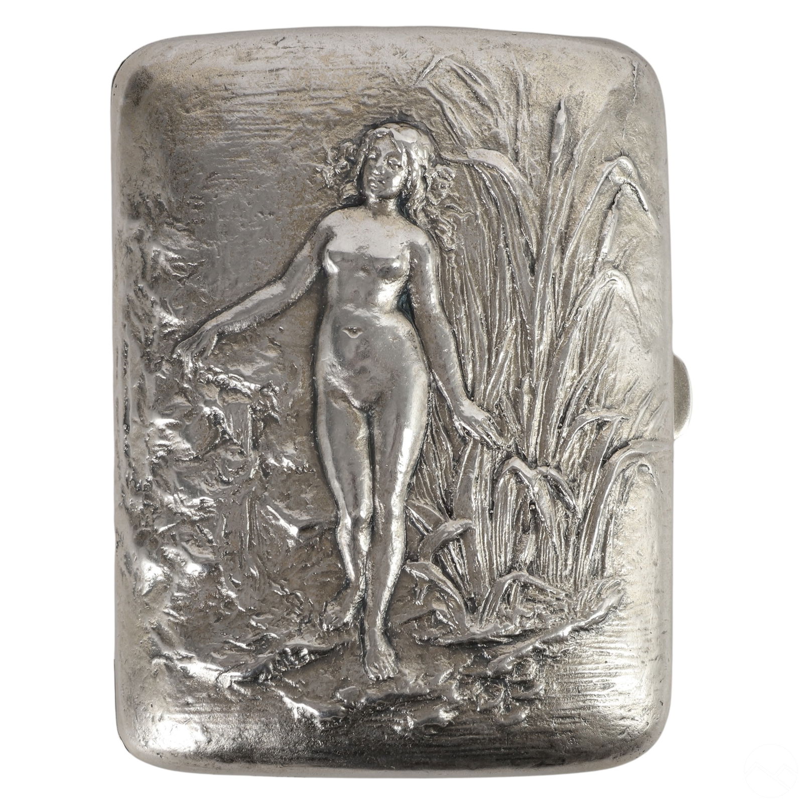 Antique Gorham Sterling Silver Nude Cigarette Case: This Gorham sterling silver Art Nouveau cigarette case showcases a captivating front repousse design featuring a nude bathing water maiden surrounded by a picturesque pond landscape with tall grass. T