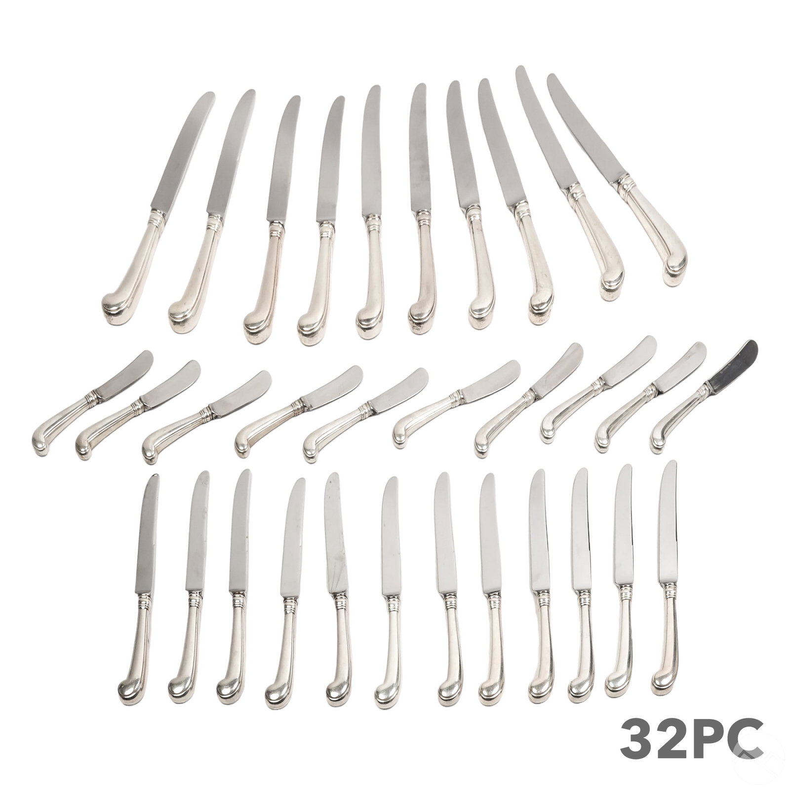 Tiffany & Co King William Pistol Grip Knives 32pc: This set includes antique Tiffany and Company silver pistol grip knives, featuring (10) Butter Knives, (12) Dessert Knives, and (10) Dinner Knives. Each knife is marked "Tiffany & CO" on the blades. T