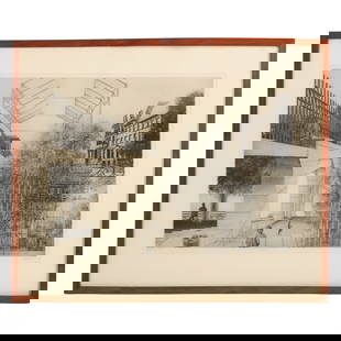 Peter Milton b.1930 Julia Passing Engraving SIGNED: Peter Milton (American, b. 1930). A second state etching on paper. Titled "Julia Passing". This abstract yet photo-realistic work depicts a landscape with architectural images and figures. Pencil-sign