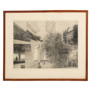 Peter Milton b.1930 Julia Passing Engraving SIGNED: Peter Milton (American, b. 1930). A second state etching on paper. Titled "Julia Passing". This abstract yet photo-realistic work depicts a landscape with architectural images and figures. Pencil-sign