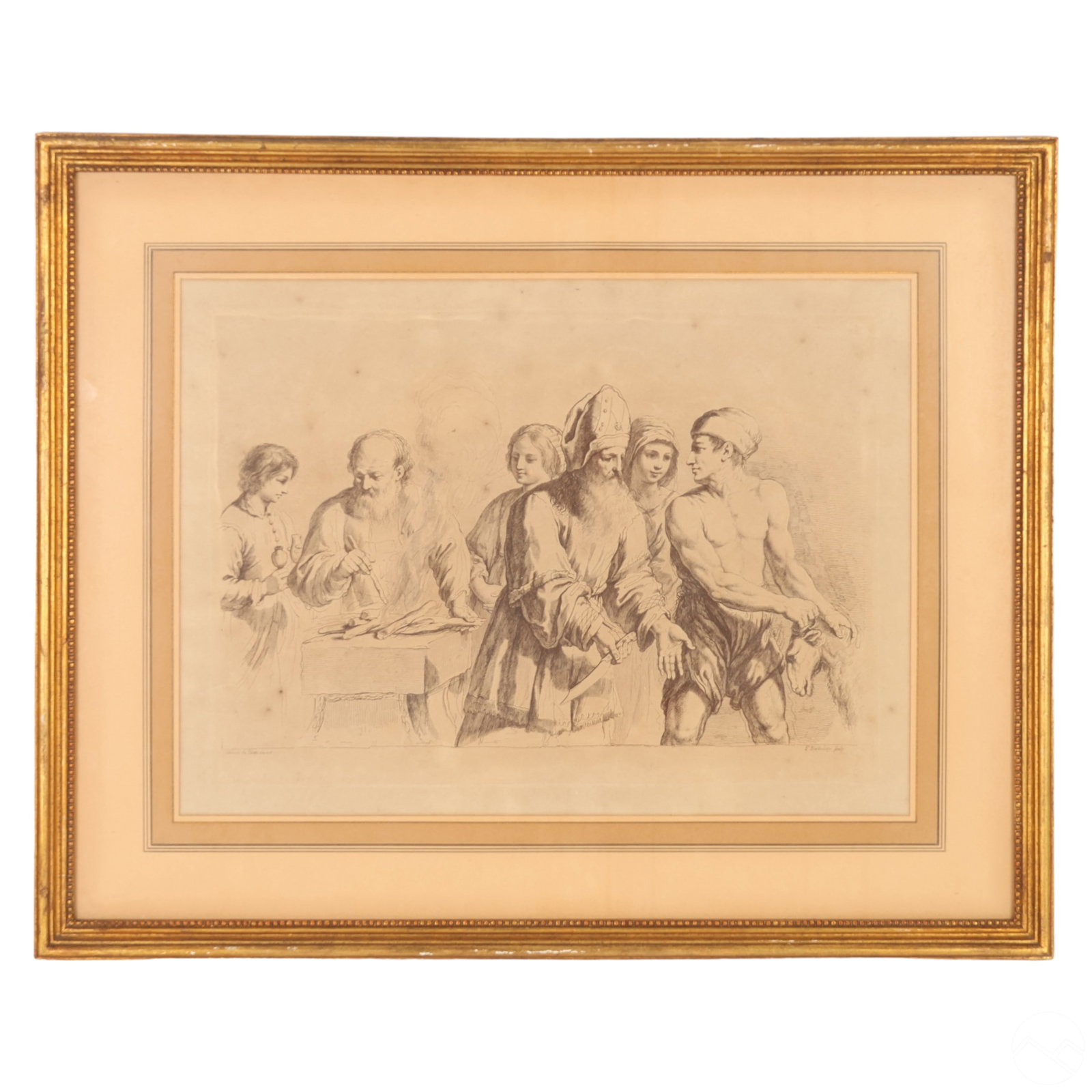 Antique Francesco Bartolozzi Attributed Etching: An antique etching on paper attributed to Francesco Bartolozzi (Italian, 1782-1815). Titled "A Sacrifice" y , after Giovanni Francesco Barbieri (Italian, 1591-1666), also known as Guercino. A black an