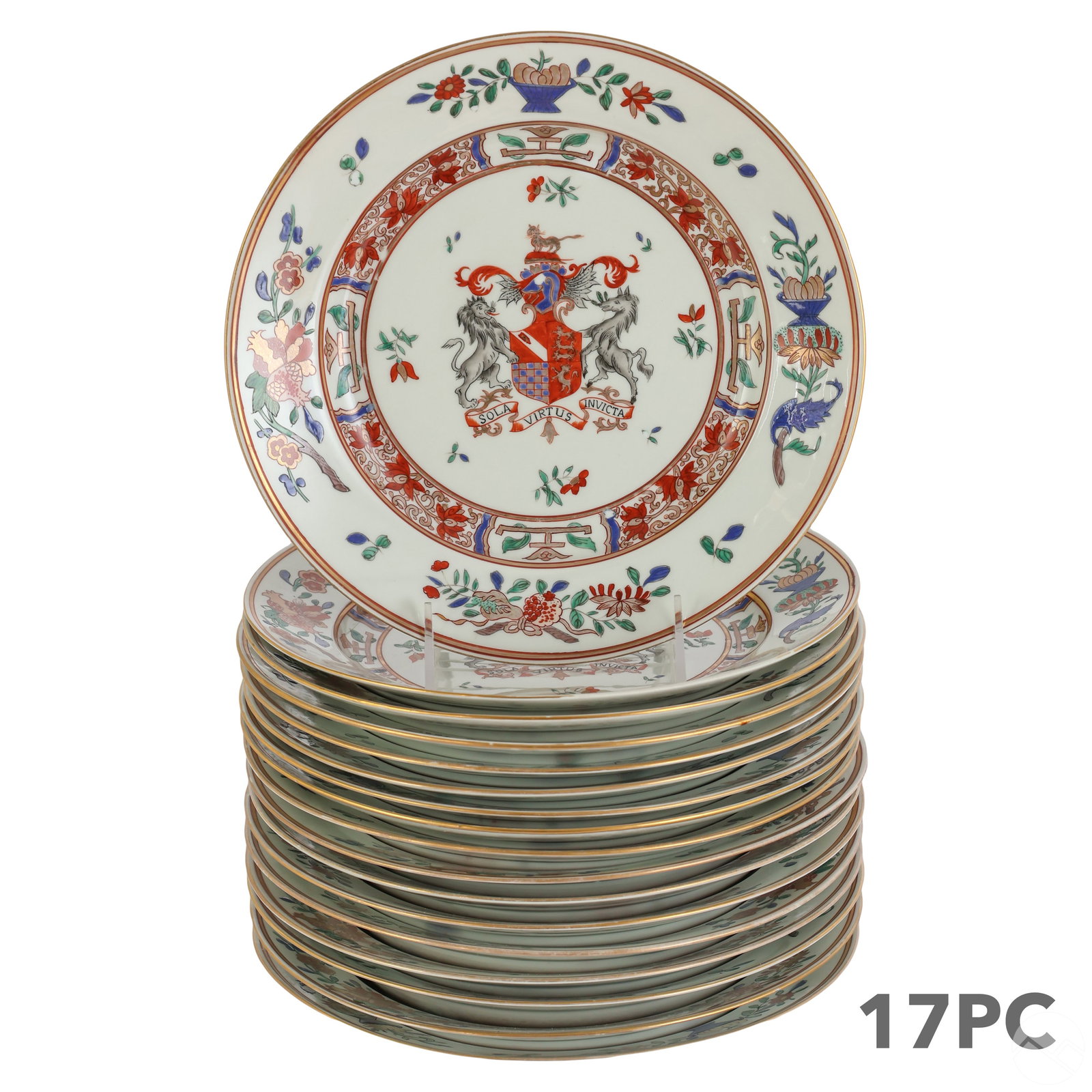 Chinese Antique Porcelain Armorial Bowls 17pc. SET: An antique set of seventeen (17) Chinese export armorial porcelain bowls featuring a coat of arms with the Latin motto SOLA VIRTUS INVICTA ("The Only Invincible Power"), associated with the English Du