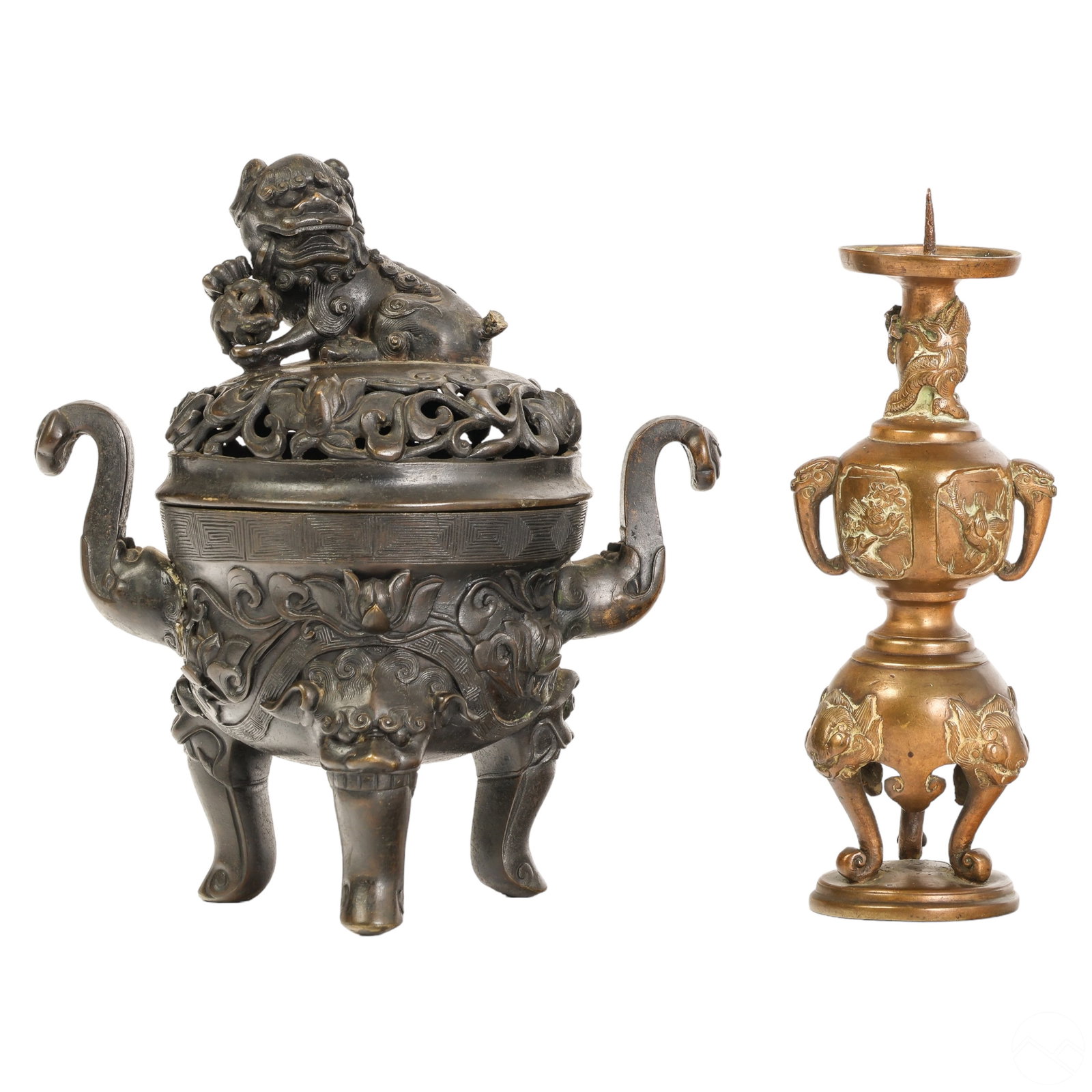 Chinese Bronze Foo Dog Censor & Dragon Candlestick (1 of 11)