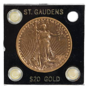 Gold 1922 U.S. American St. Gaudens $20 Coin: A genuine St. Gaudens gold $20 coin, designed by renowned sculptor Augustus Saint-Gaudens, is celebrated for its breathtaking beauty and historical significance. Minted from 1907 to 1933, it features