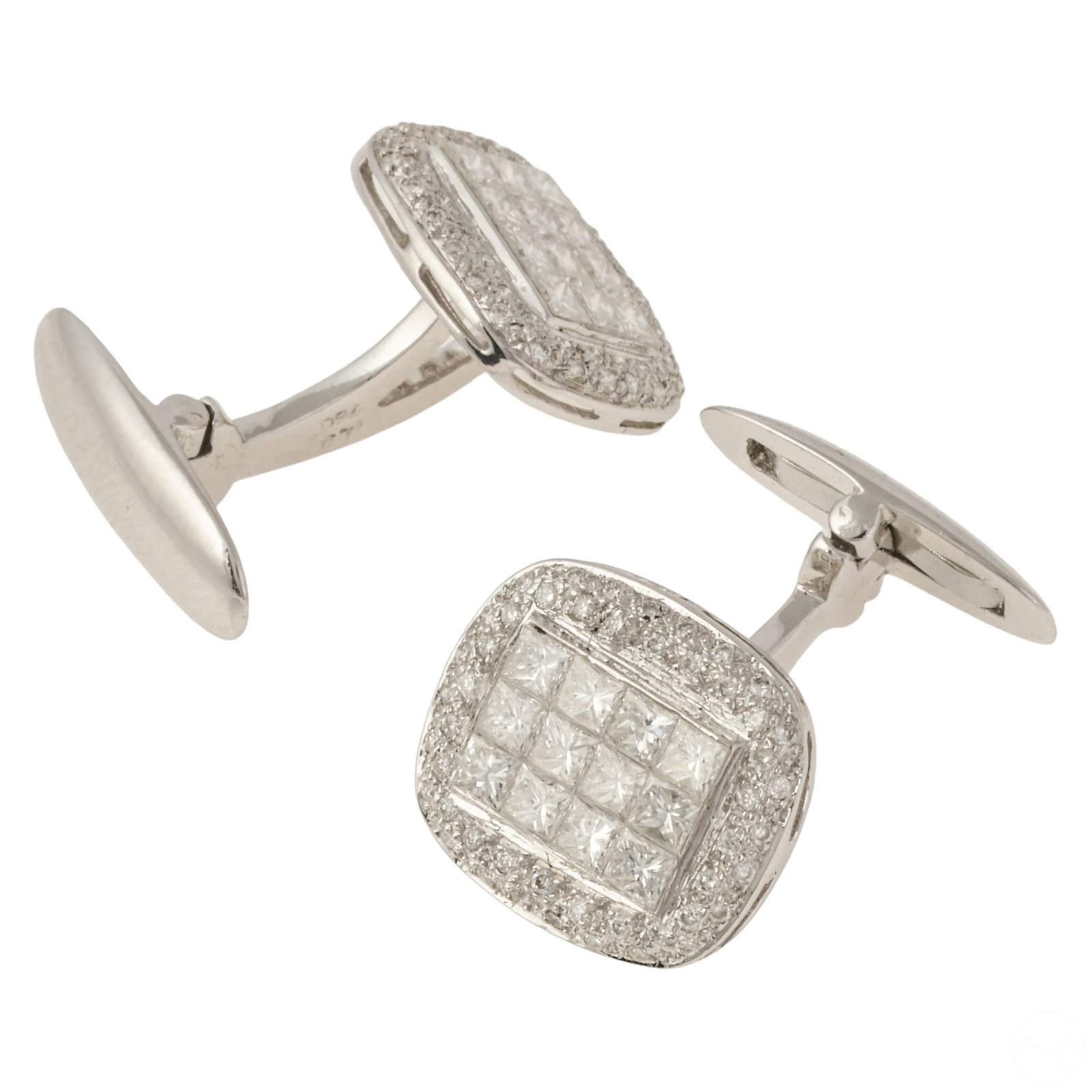 18k White Gold 1.75 CTTW Diamond Cufflinks 9.4g: An exquisite pair of cufflinks is crafted from 18k white gold and adorned with diamonds. The cufflinks feature invisible-set princess-cut diamonds along with pave-set diamonds, totaling approximately 