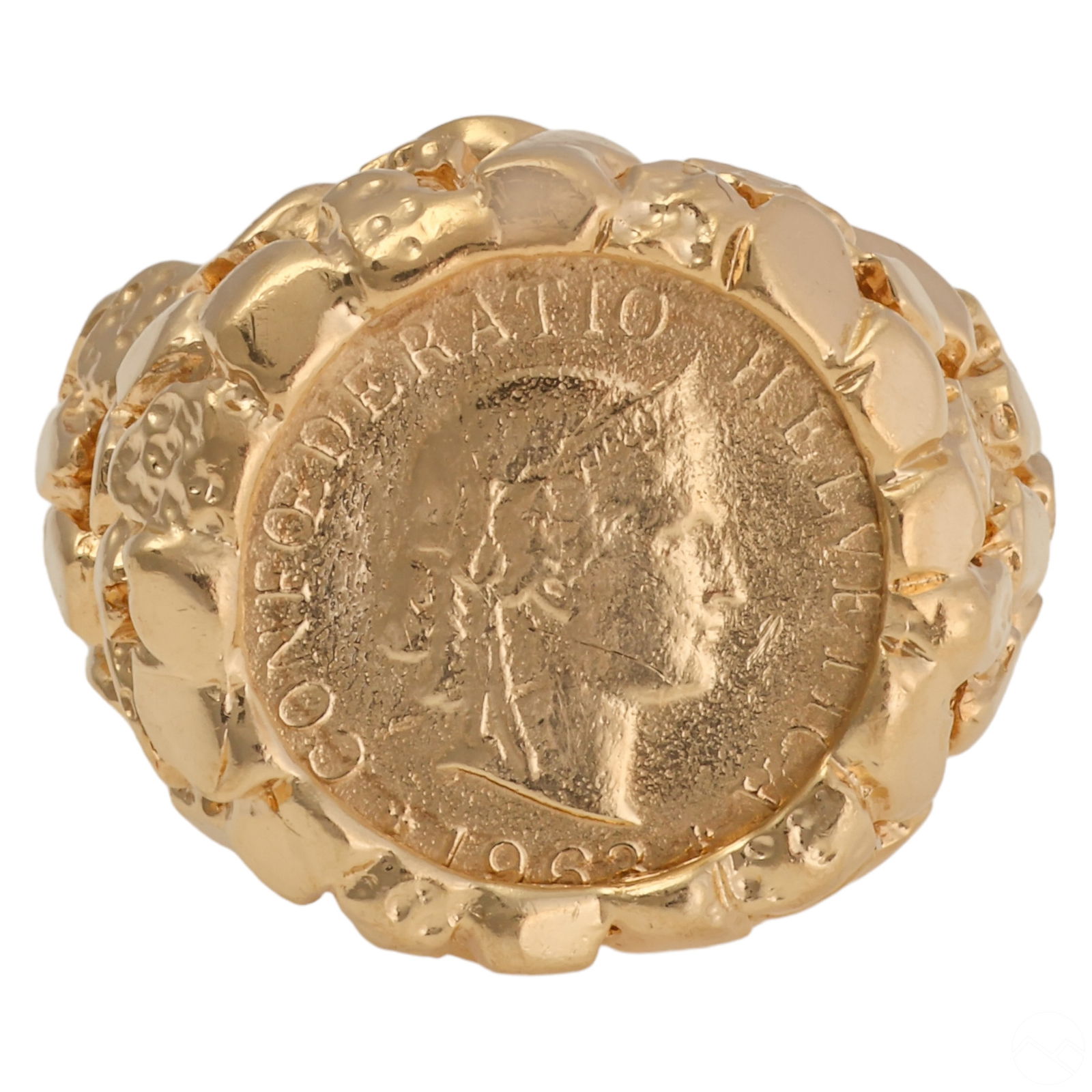 14k Yellow Gold Nugget Style Franc Gold Coin Ring: Vintage men's ring, crafted from 14k gold, showcases a nugget-style mounting housing an authentic 5 Franc Swiss gold coin. It bears the marking "14K" and is sized at 9. Total weight: 11.2 grams.Condit
