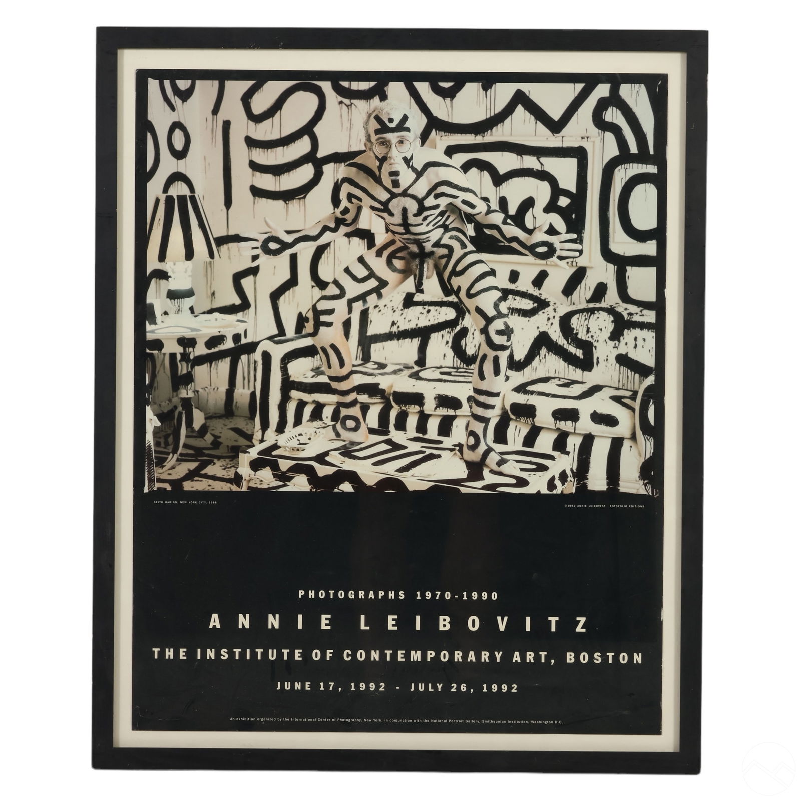 Annie Leibovitz Keith Haring 1992 Exhibition Print: An vintage art poster on paper with borders. Titled, "Photographs 1970-1990: Annie Leibovitz," produced 1992 by the Institute of Contemporary Art, Boston, for an exhibition held June 17 to July 26, 19