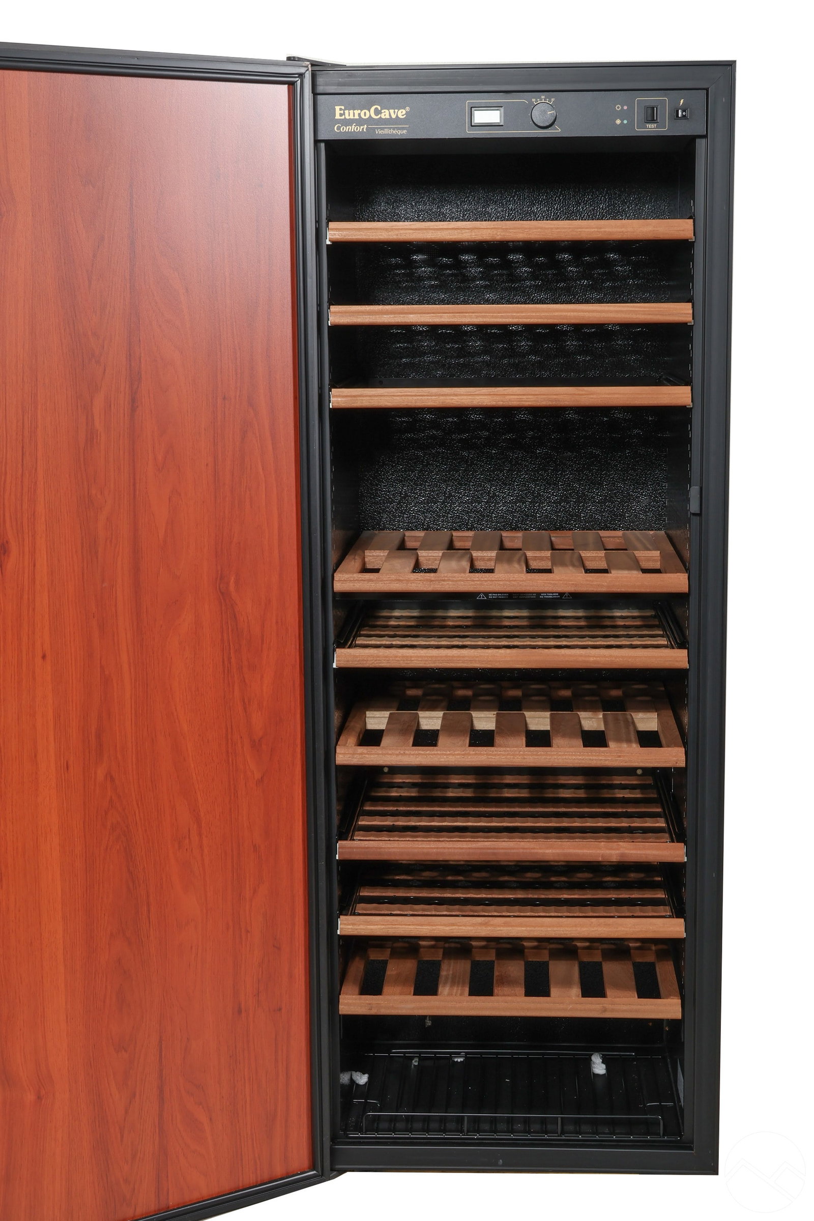 EuroCave French Classic 1 Refrigerated Wine Cellar: A EuroCave French luxury designer Comfort ("Confort") Classic 1 Model V264W electronic refrigerated climate controlled wine cellar cabinet, produced 2007. A rectangular pecan wood cabinet handcrafted 