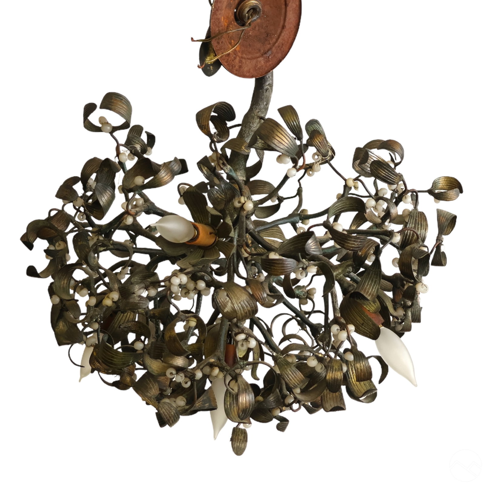 French Nouveau Bronze & Glass Mistletoe Chandelier (1 of 4)