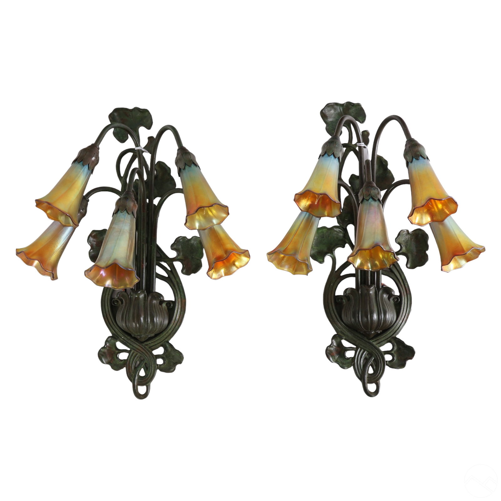 Tiffany Style Pair Iridescent Glass Bronze Sconces (1 of 10)