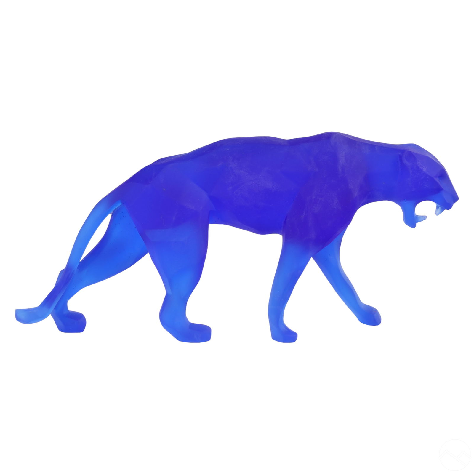 Daum LE Blue Pate de Verre Glass Panther Sculpture: A limited edition Daum French Pate de Verre sculpture by French artist Richard Orlinski (born 1966). Frosted blue art glass modeled as a stalking big cat with open jaws revealing its teeth. Etched "DA