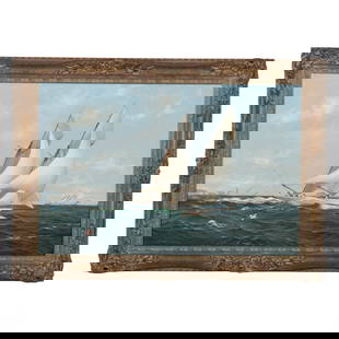 Michael Whitehand b.1941 Seascape Yachts Painting: Michael James Whitehand (English, born 1941). An original oil painting on canvas titled "Yachts Racing Off the Isle of Wight," produced circa 1994. This British nautical seascape depicts a yacht race