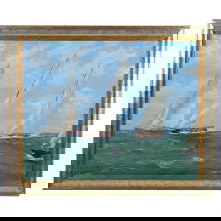 Michael Whitehand b.1941 English Seascape Painting: Michael James Whitehand (English, born 1941). An original oil painting on canvas titled "Ailsa, Velsheda, Britannia, White Heather, and Shamrock at the Turning Mark," produced circa 1990s. This Britis