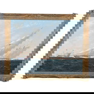 Michael Whitehand b.1941 Seascape Yachts Painting: Michael James Whitehand (English, born 1941). An original oil painting on canvas titled "Britannia Racing Westward in the Solent with Royal Yacht Britannia Looking On," produced circa 1994. This Briti