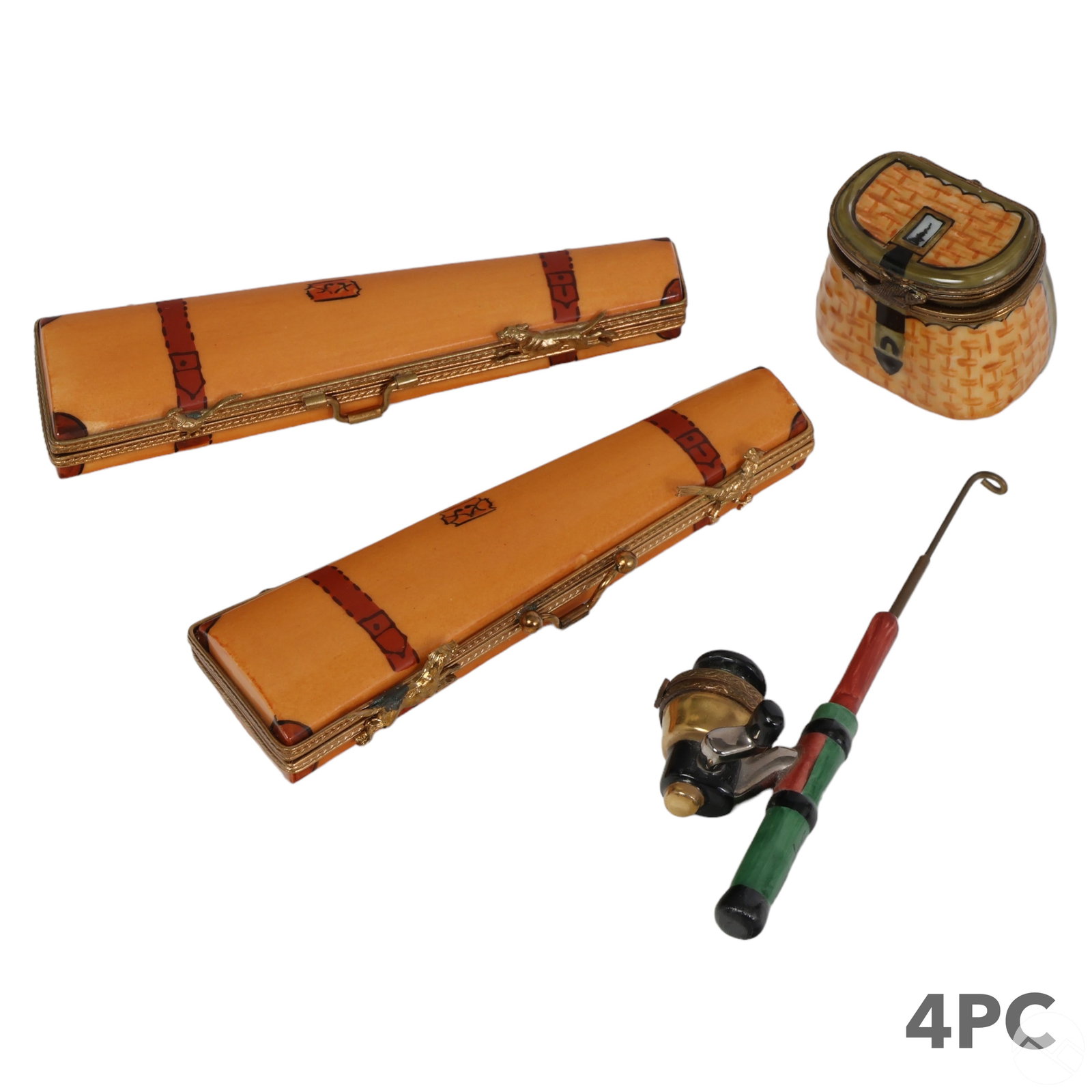 Porcelain Fishing and Hunting French Limoges Boxes: A four-piece (4) Limoges box collection themed around outdoor sportsmanship. The lot includes: two (2) hunting rifle boxes with rifle guns inside, one featuring a painted setter or retriever hunting d