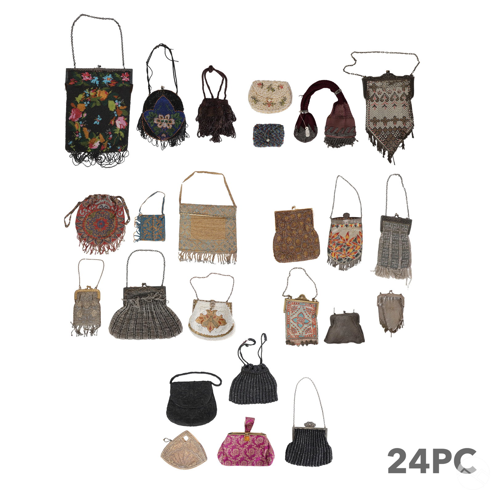 Antique Beaded Mesh Purse Handbag 24pc ESTATE LOT: An estate collection of assorted antique Art Deco, Victorian, and Art Nouveau beaded and mesh ladies' purses and bags. Featuring various colors, designs, and styles. Includes: (7) beaded purses with m