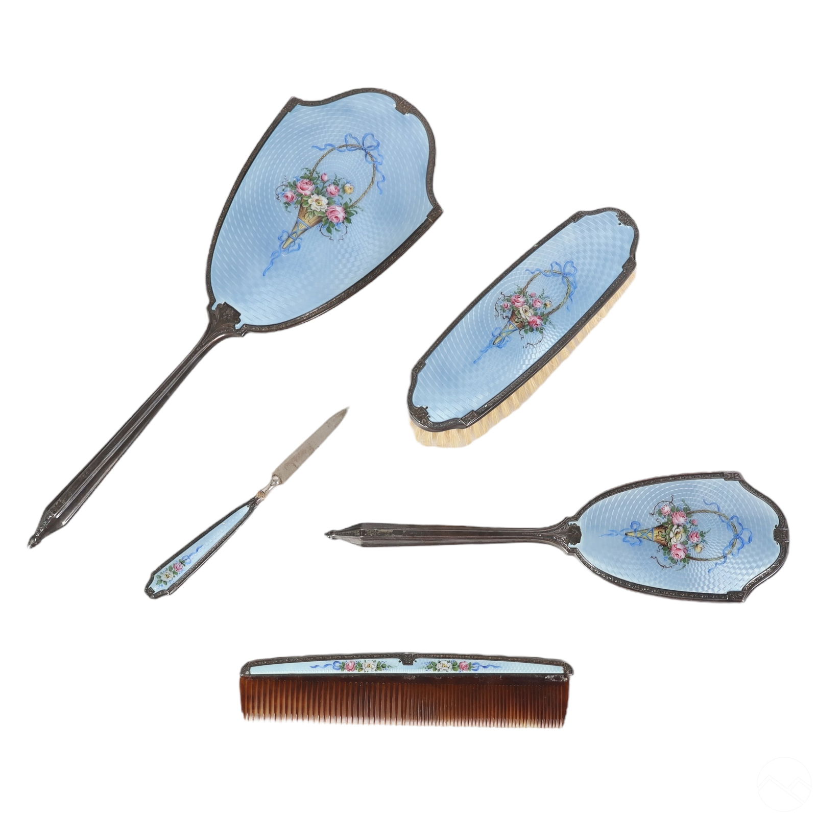 Antique Silver French Blue Guilloche Vanity Set (1 of 3)