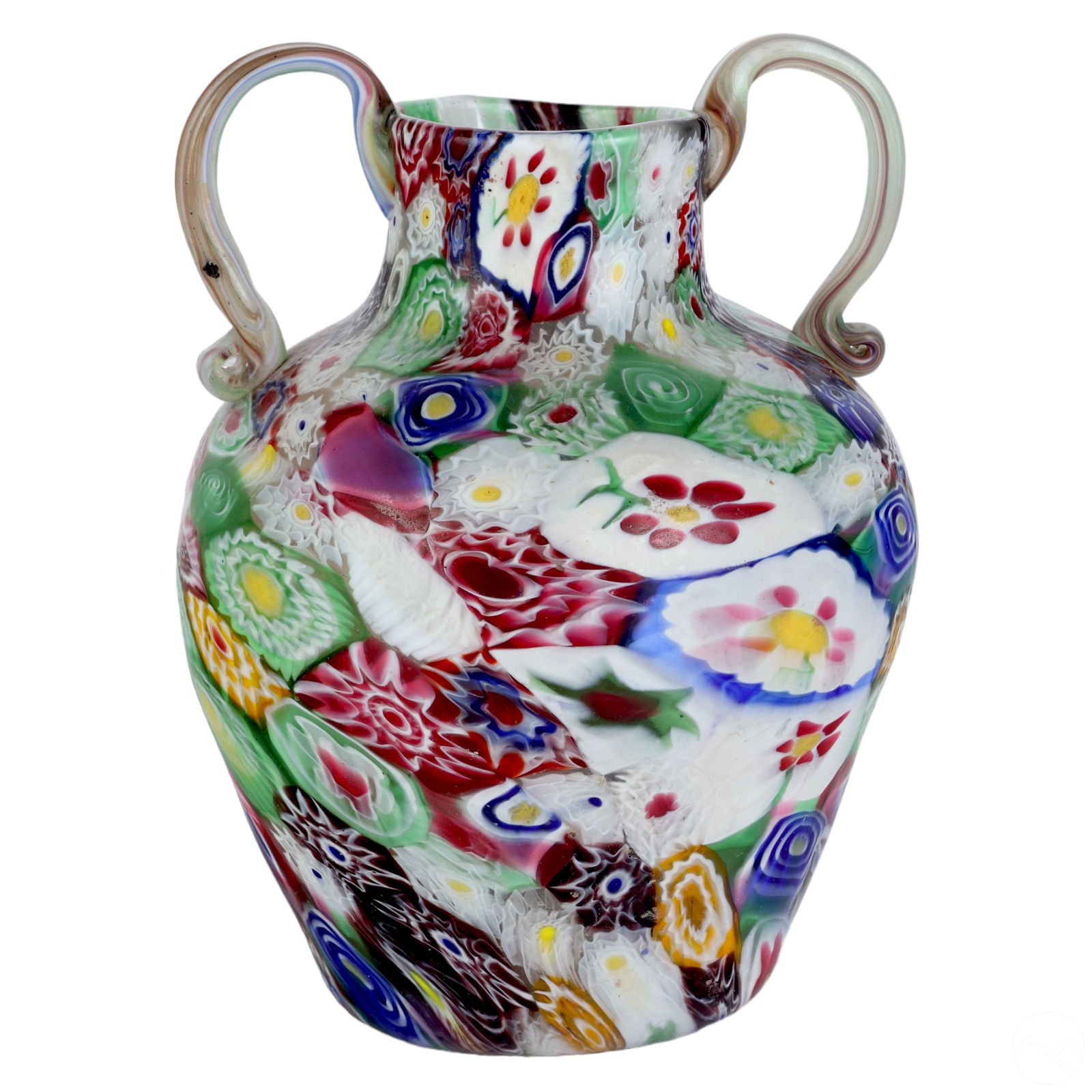 Murano Italian Fratelli Toso Millefiori Glass Vase: A Murano Venetian art glass vase attributed to Fratelli Toso. A classic amphora form with colorful Millefiori designs and applied handles. No apparent maker's mark, therefore, sold attributed to Frate