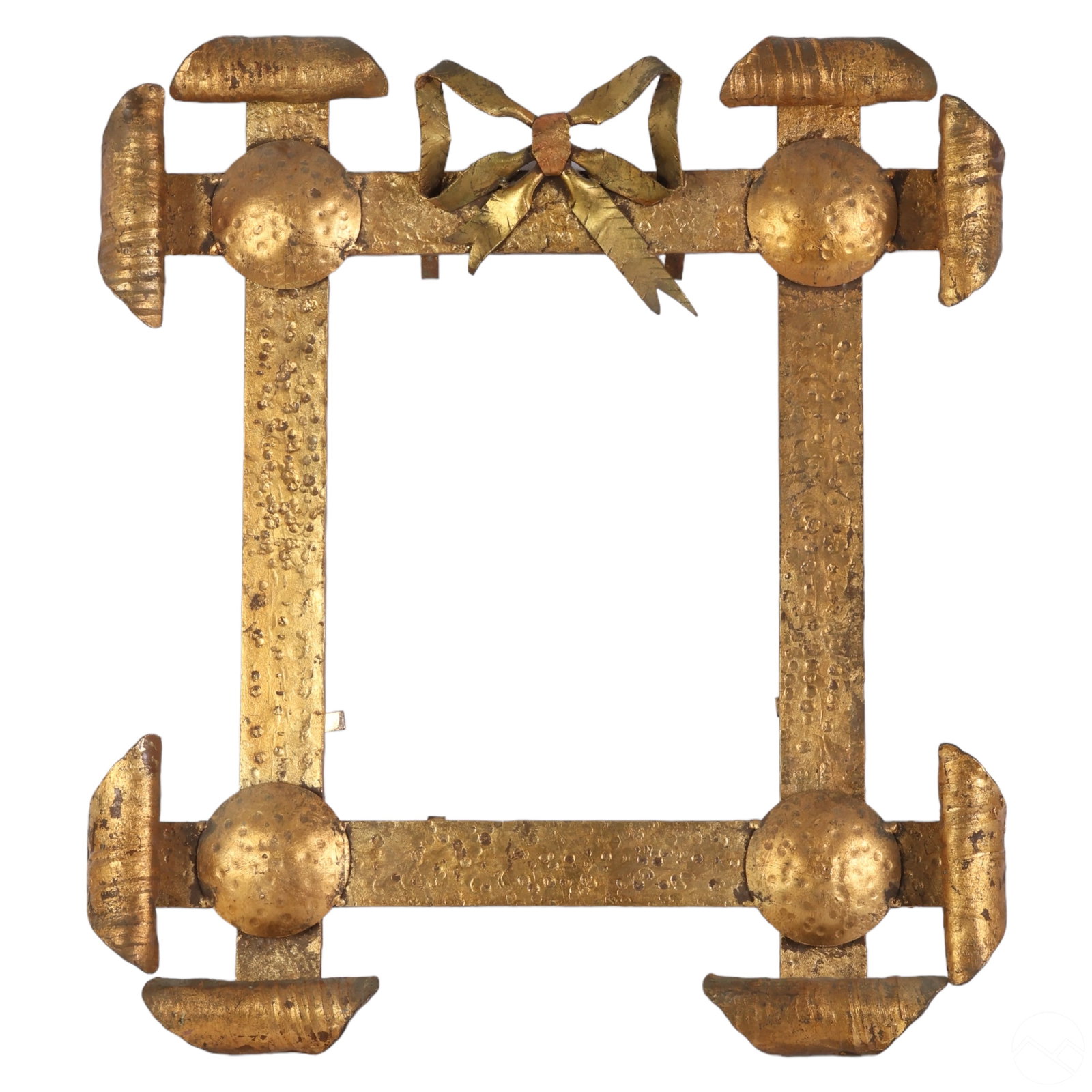 Arts & Crafts Hammered Iron Ribbon Picture Frame: A hammered gilt iron photo or painting frame. An Arts and Crafts style featuring a scrolling iron form, with a ribbon motif to summit. No apparent maker's mark. Fits approximately 14" x 11.25" size wo