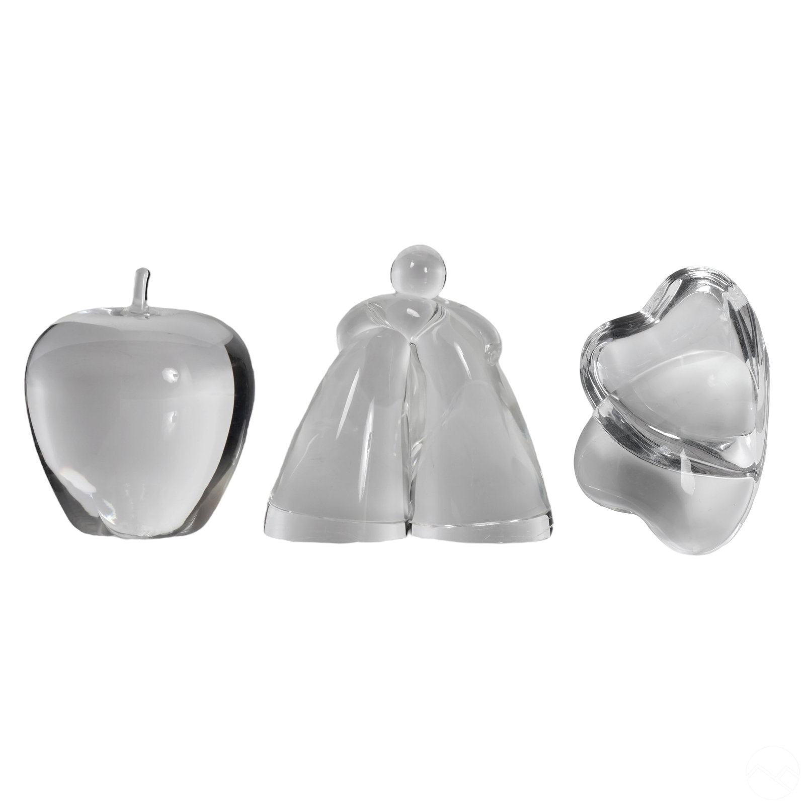 Steuben American Crystal Paperweights ESTATE LOT: An estate collection of three retired vintage molded clear crystal figural paperweight sculptures by Steuben. Includes: (1) "Love Embrace" modern statue of two figures hugging, (1) classic apple, and
