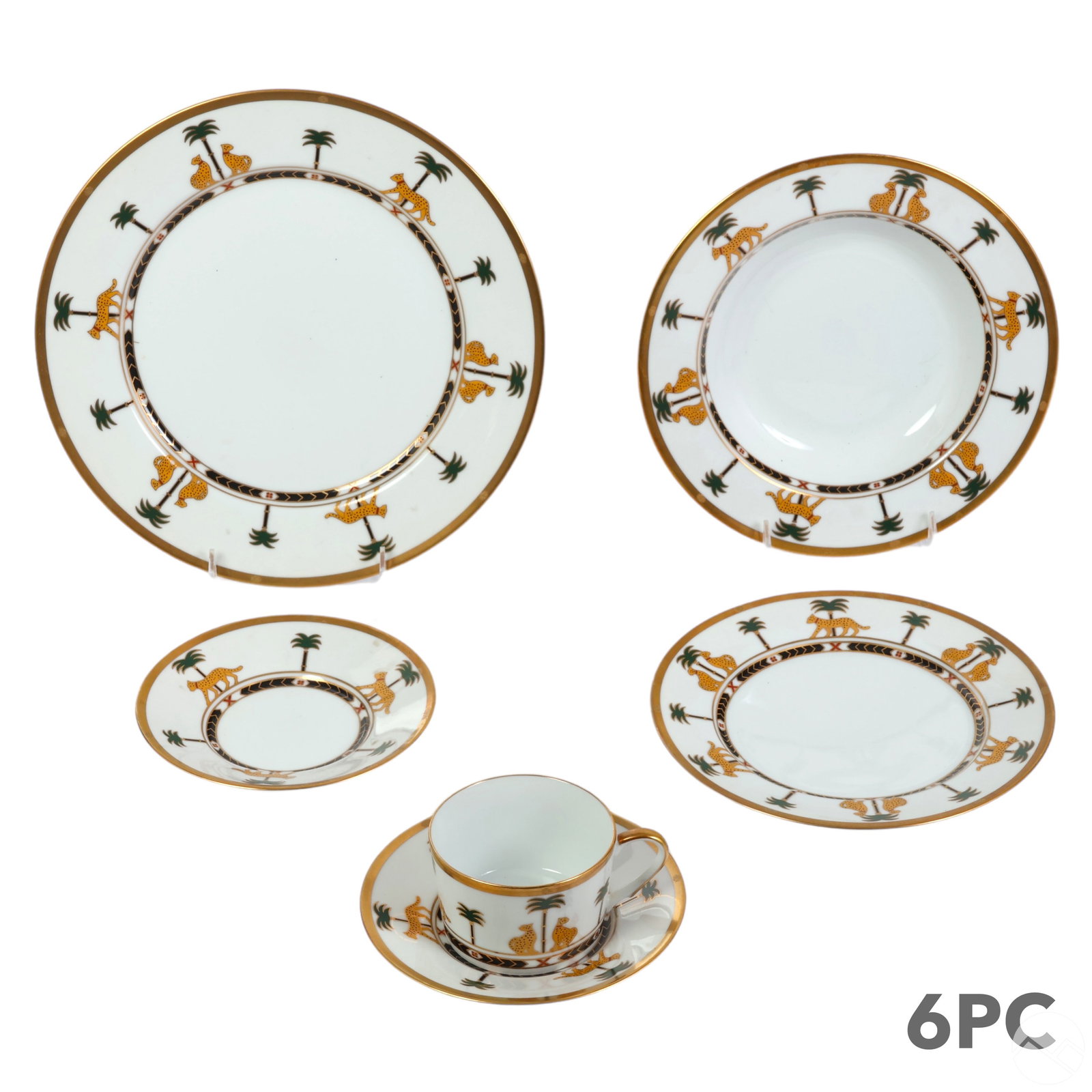Christian Dior China Casablanca Tableware 6pc. SET: A six (6) piece set of Christian Dior French porcelain tableware produced in the Casablanca pattern. White bone china hand decorated with leopard cats, palm trees and geometric designs, with gilding. 