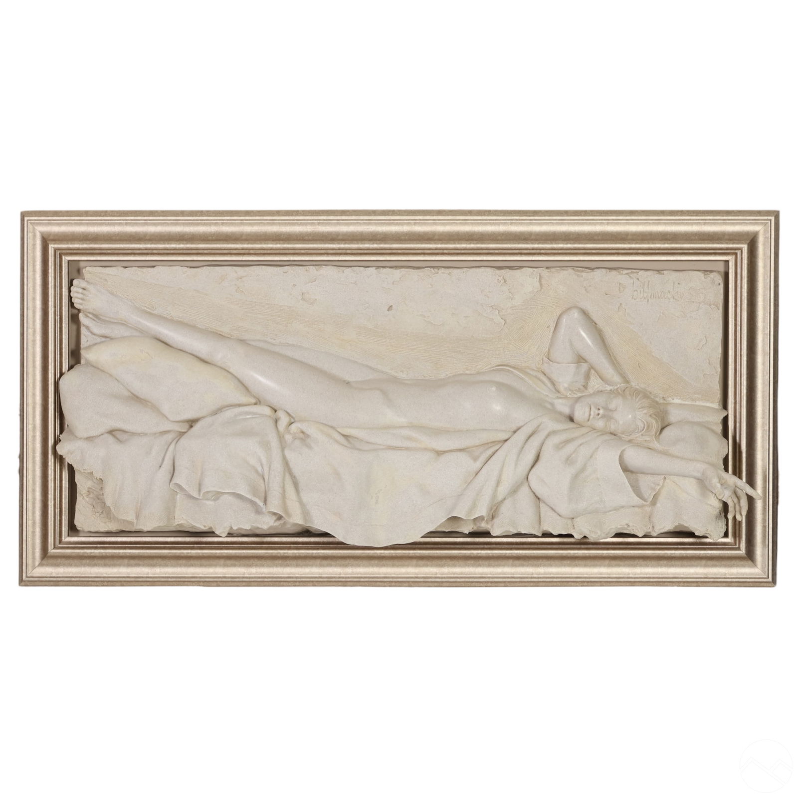 Bill Mack b.1944 Modern Nude Relief Sand Sculpture: Bill Mack (American, born 1944). A bonded sand wall art statue. Titled, "Awakening." A recumbent nude female with her arms her legs outstretched in a sensual pose. Artist impressed signature to upper